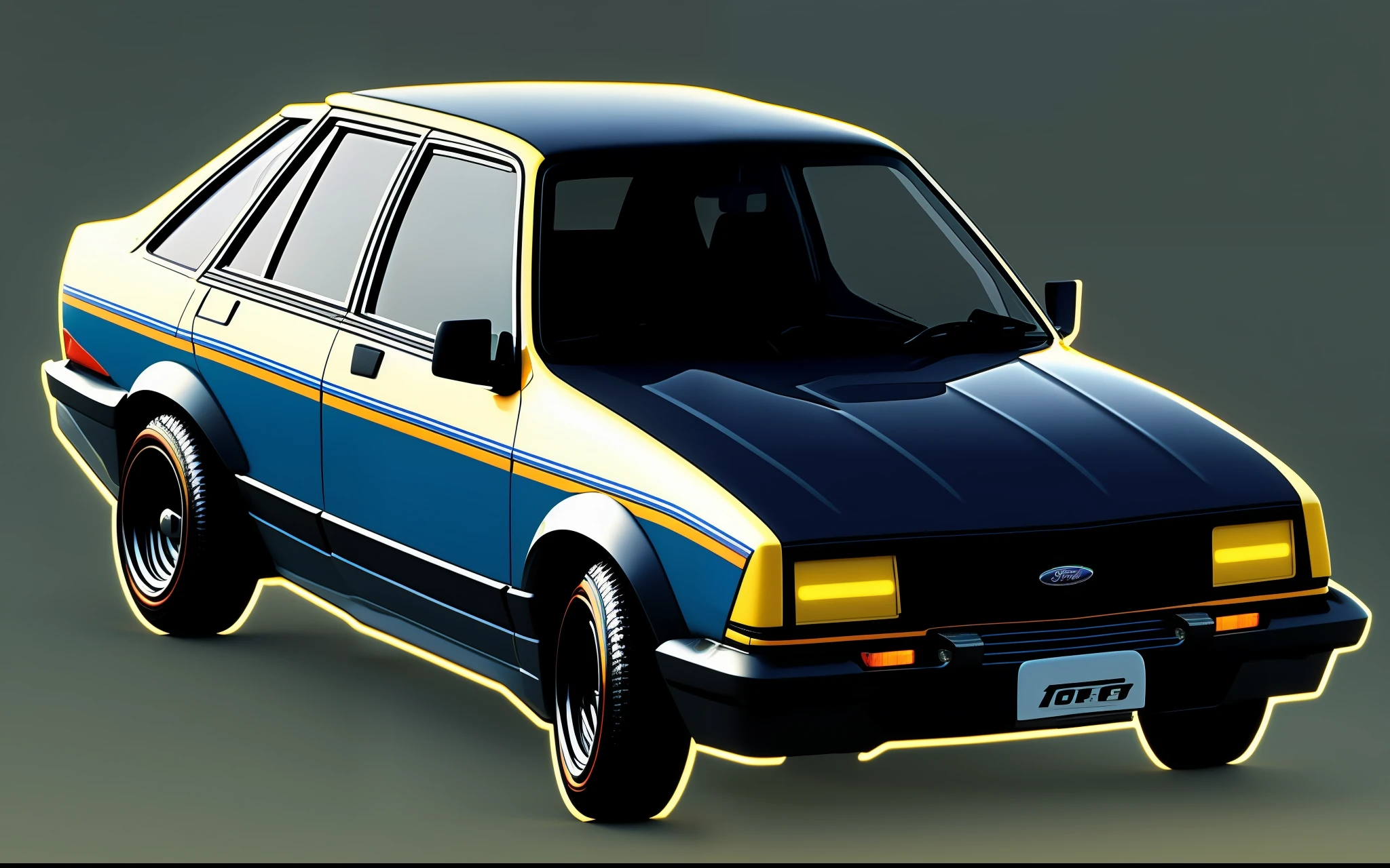 1980s Ford Escort automobile, in perspective, bright, 8k, ultra-realistic