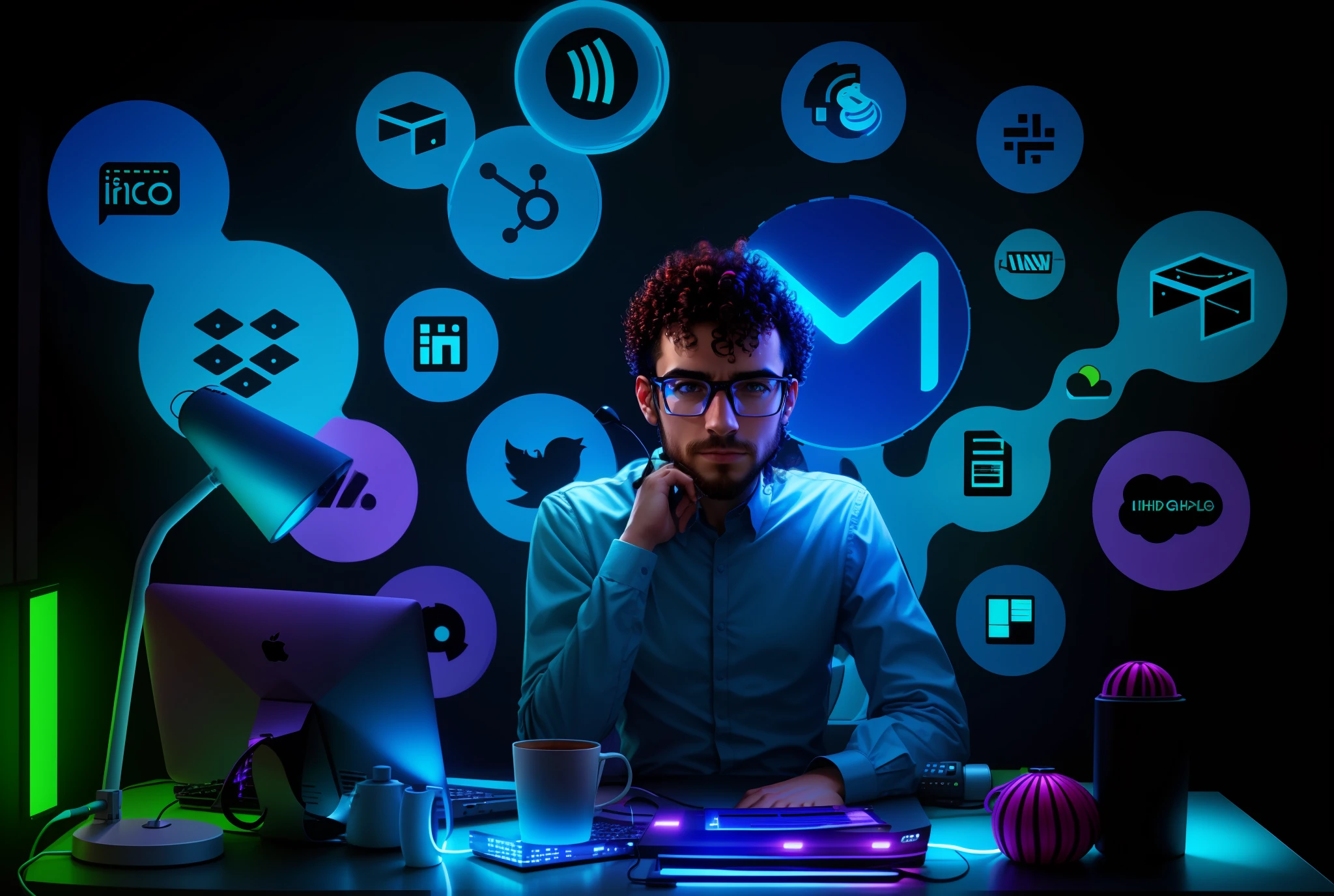 Man sitting at a desk with a laptop and a lamp, curly hair, ad image, integrating with technology, impressive, vibrant and powerful image, insanely integrated, vibrant and dynamic, on a dark background, exploitable image, insanely integrate details, advertising photo, portrait shot, promotional image, focused center, avatar for website, professional, big view, take control of your data.