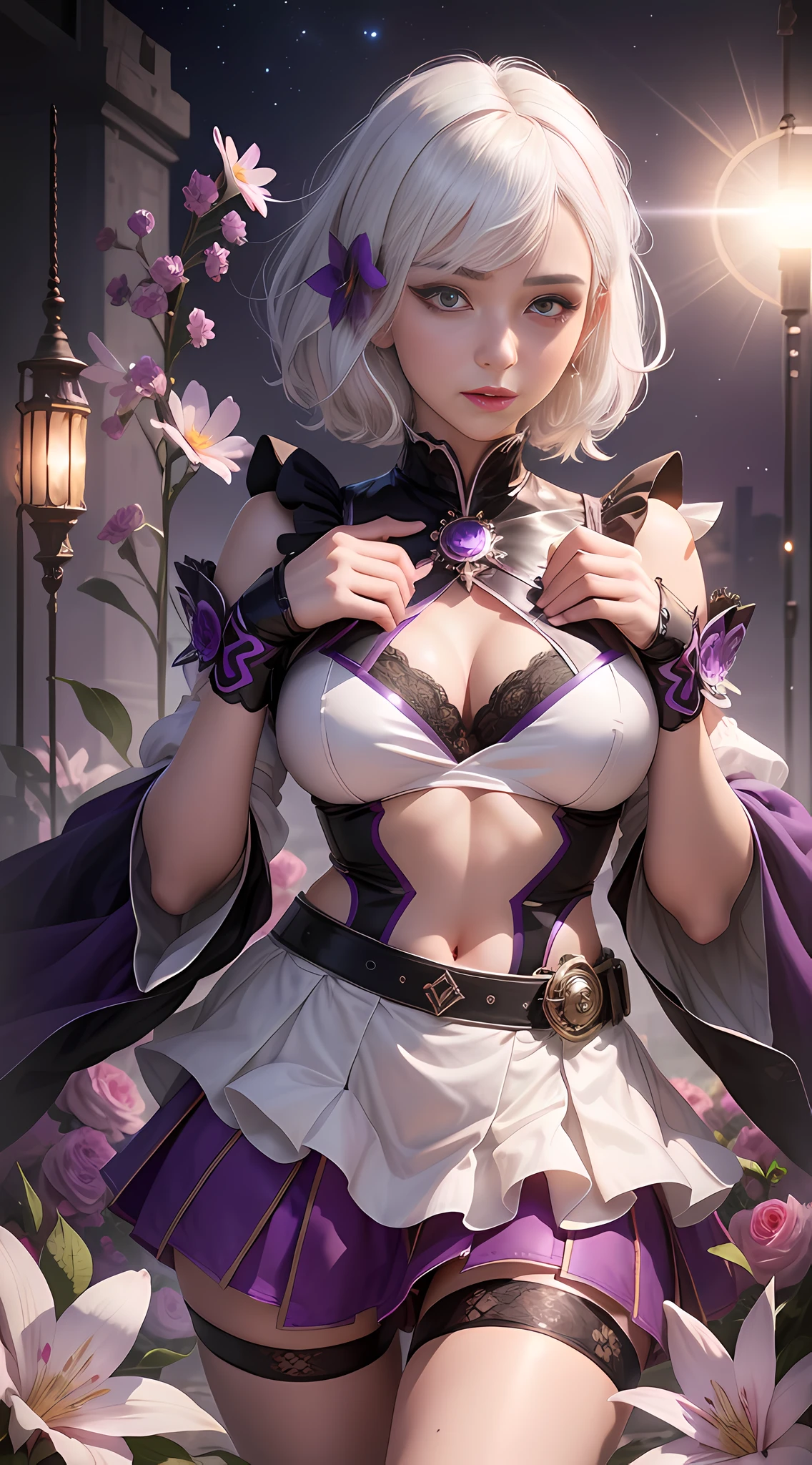 Realistic, 1girl, white hair, purple eyes, glowing eyes, cropped top, skirt, parted lips, blush, night, flowers, sun, sun, sexy, feminine, seductive, provocative, multi-angle shooting, appropriate pose