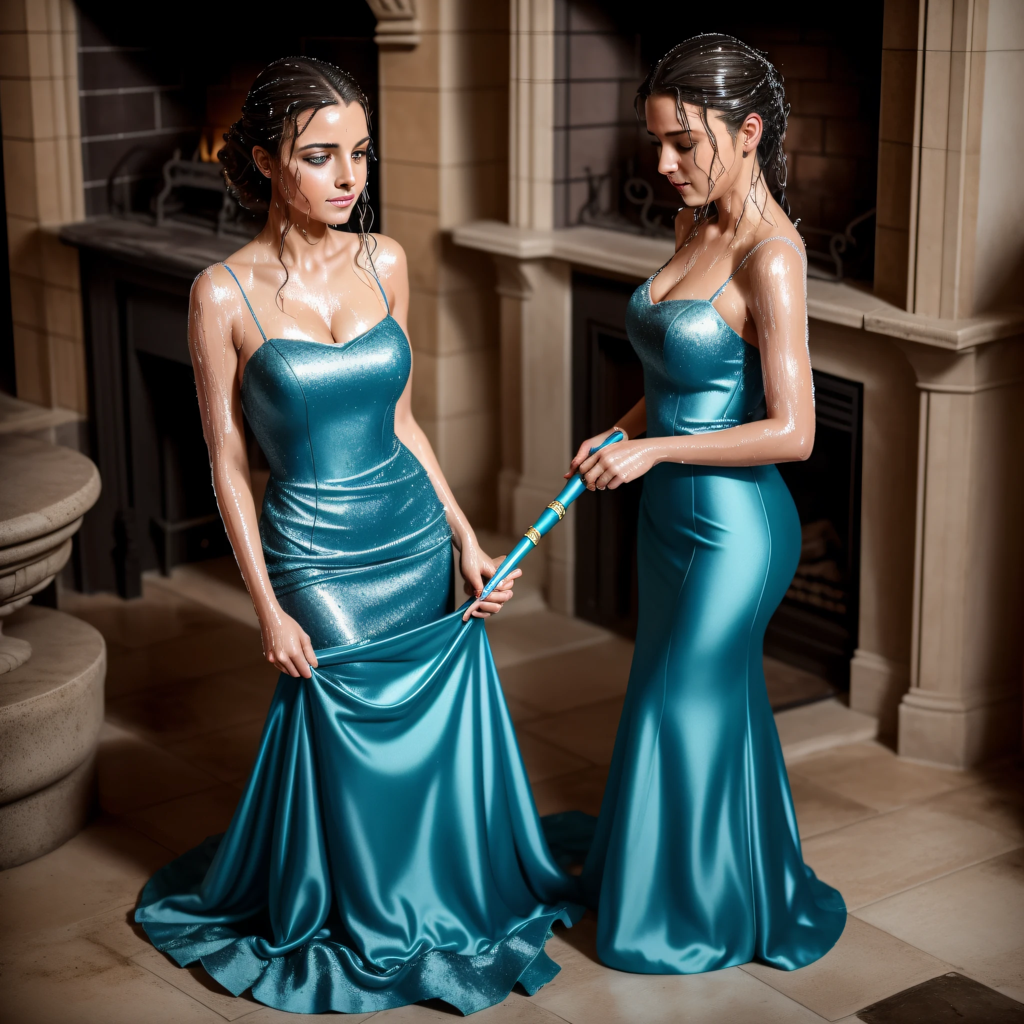 Cinderella, dressed still in her sparkling blue satin ballgown, kneels on the stone floor by the fireplace, scrubbing the caked-on dirt and grime with a brush. Her once-gleaming glass slippers are now scuffed and dirt-stained, but she hasn't bothered to take them off, her focus solely on the task at hand. Her hair, once styled in an elegant updo, has come undone, and strands of brown hair fall haphazardly around her flushed cheeks. She still wears her long, white satin gloves, now stained with soot and grime. Her face is smudged with soot and dirt, but her eyes still sparkle with the memory of the magical evening. Her movements are slow and deliberate, as if she is lost in thought, her mind still reeling from the events of the night. She continues to scrub the floor, a small smile playing at the corners of her lips. (((drenched))) (((soaked))) (((wet hair))) (((wet dress)))