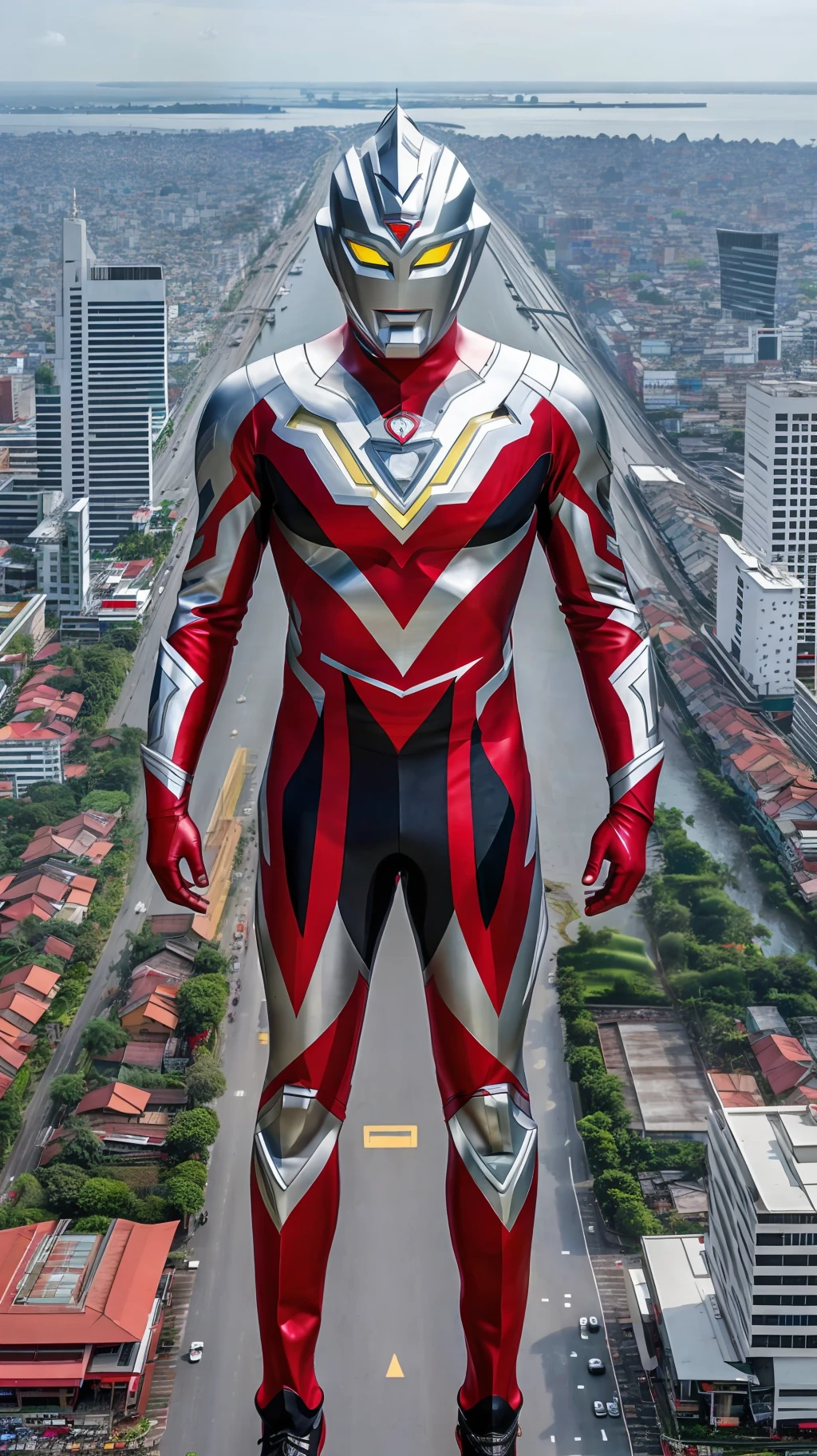 Indonesian ultraman,(165feet height), [red|black], realistic, high detail raw photo, masterpiece, best quality, detailed, hyper realistic, (full body), detailed face, highly detailed, hdr, ((smooth)), sharp focus, look at viewer, (ruined Jakarta city), (((detailed background))),