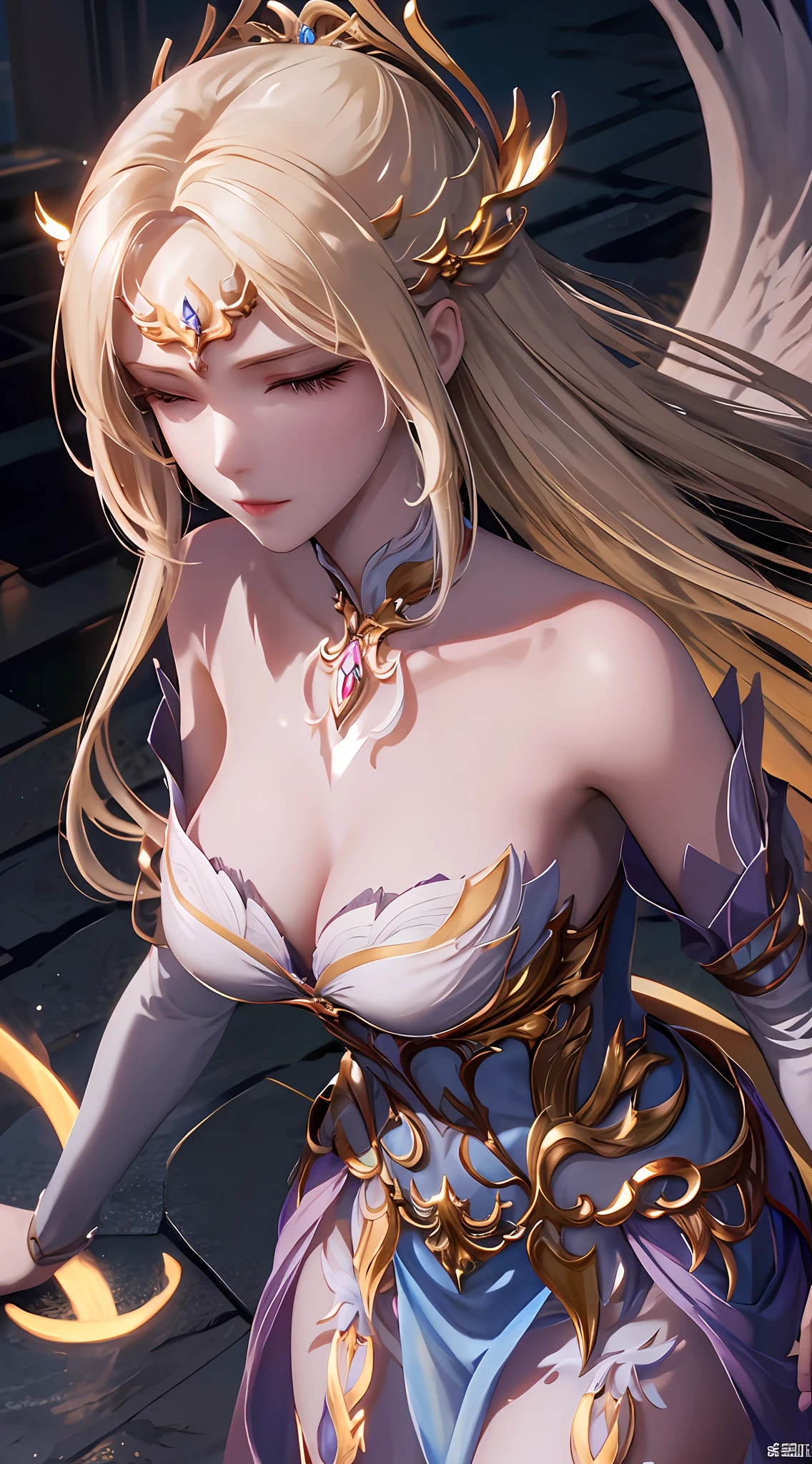 Meticulous, wonderful and perfect CG unity 8k wallpaper, high-quality depiction, pure and elegant color, delicate, dynamic angle, moist, water droplet mist, moonlight, colorful light, highlighting the angel goddess Qianyue Xue with yellow hair and fair skin.