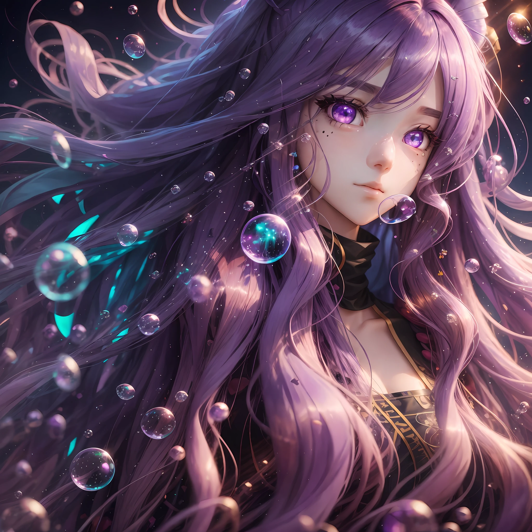 Long purple hair with some red, clear and crystal clear eyes, hair strands, hair blown by the wind, moles in the left and right corners of the eyes, green pupils, chewing bubbles with bubble gum, jellyfish-like eyes, contact lenses with stars, high detail, anime, modern, anime style, cinematic lighting, ray tracing, close-up, high detail, best quality, 8K --auto --s2