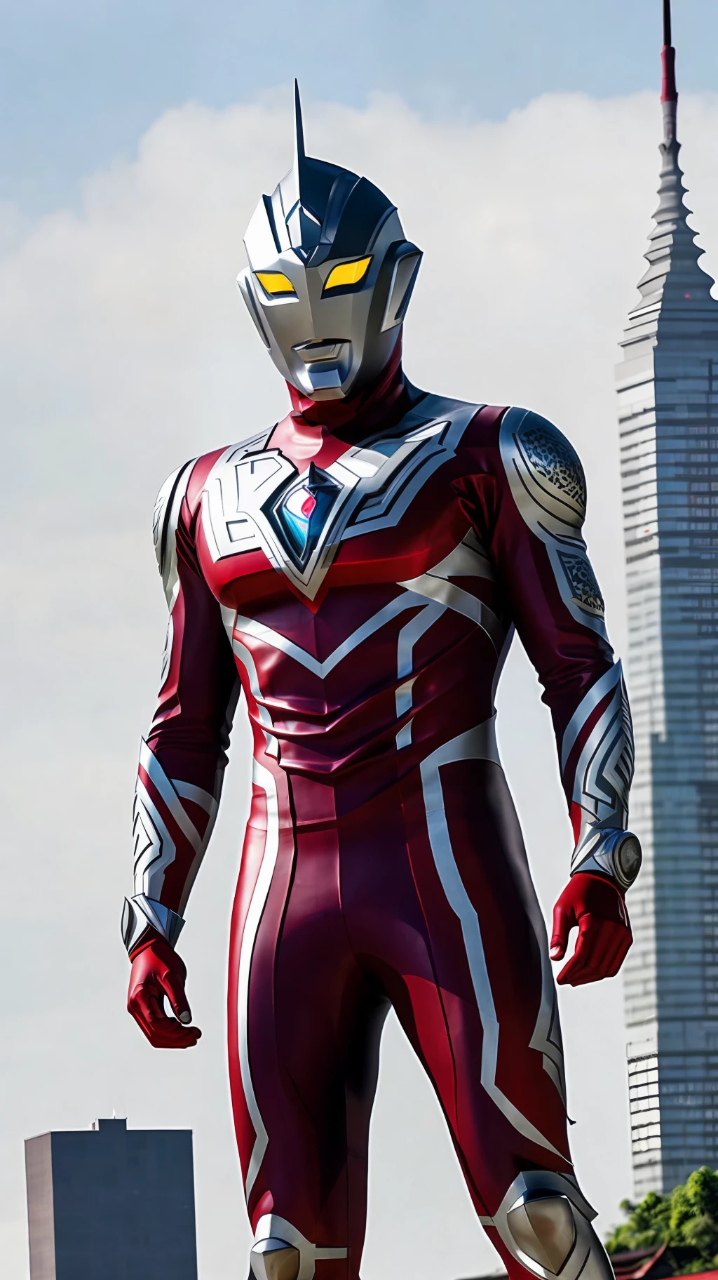 Indonesian ultraman,(165feet height), [red|black], realistic, high detail raw photo, masterpiece, best quality, detailed, hyper realistic, (full body), detailed face, highly detailed, hdr, ((smooth)), sharp focus, look at viewer, (ruined Jakarta city), (((detailed background))),