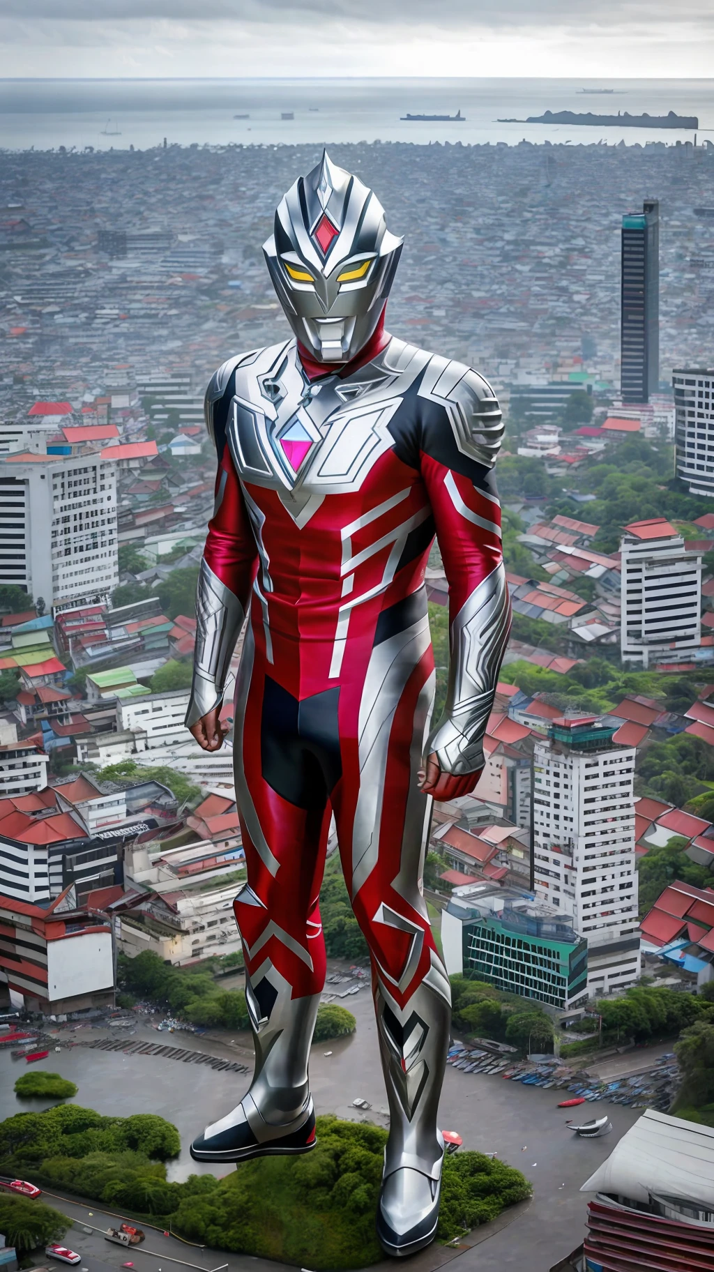 Indonesian ultraman,(165feet height), [red|black], realistic, high detail raw photo, masterpiece, best quality, detailed, hyper realistic, (full body), detailed face, highly detailed, hdr, ((smooth)), sharp focus, look at viewer, (ruined Jakarta city), (((detailed background))),