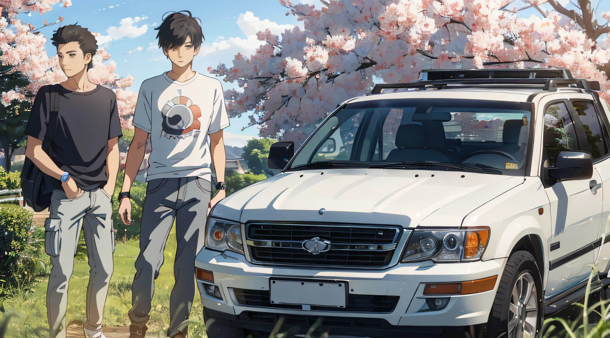 2 boys, Gangko and Shoko, leaning on SUV, SUV: 1.3, background is outside the countryside, (Gangko: short hair, straight hair, sunshine, handsome, with watch, gray casual shirt, black pants), (Shoko: short hair, straight hair, bangs, handsome, wearing a watch, white casual T-shirt, gray pants), three-dimensional painting, people account for 3/4, surreal anime, UHD, textured skin, high quality, high detail --auto --s2