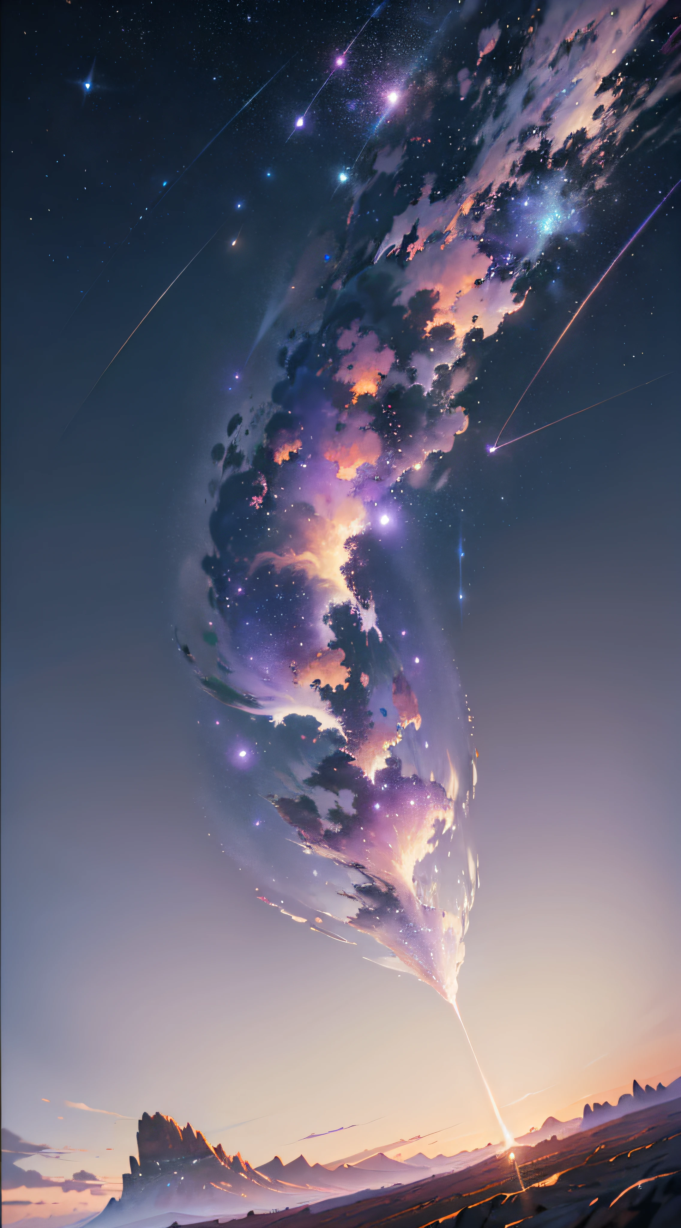 Vast landscape photos, (oversized meteors: 1.3), clear, (burning clouds: 1.2), distant mountains, (World Tree: 1.2), lots of purple and orange, intricate detail, volumetric lighting, detail shadows, (best quality), (dynamic composition: 1.4), dreamy