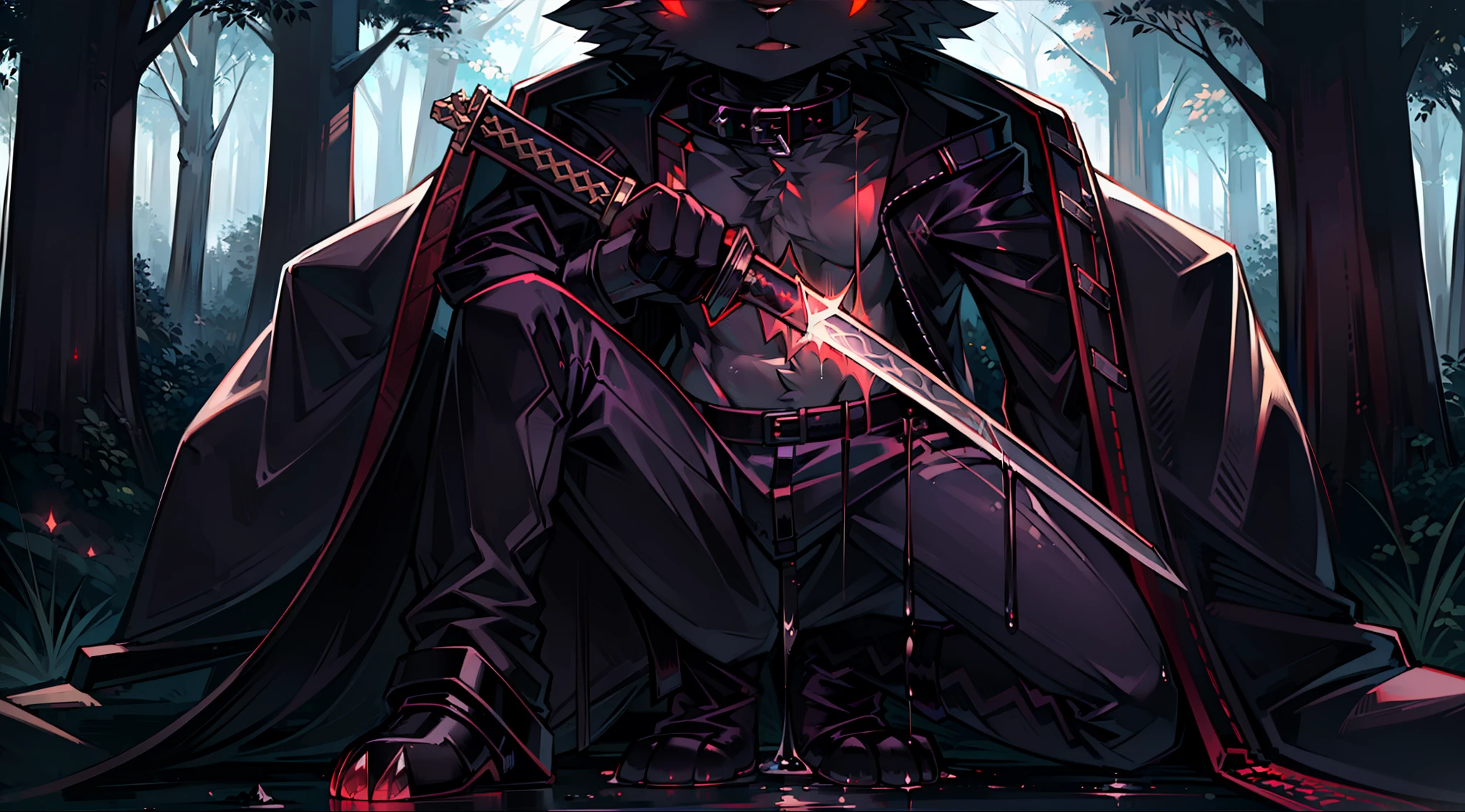 Wolf, (black body:1.4), soft, (((master piece))), pants, 1boy, red eyes, jacket, have a sword, legend sword, glowing eyes, forest, collar, slime