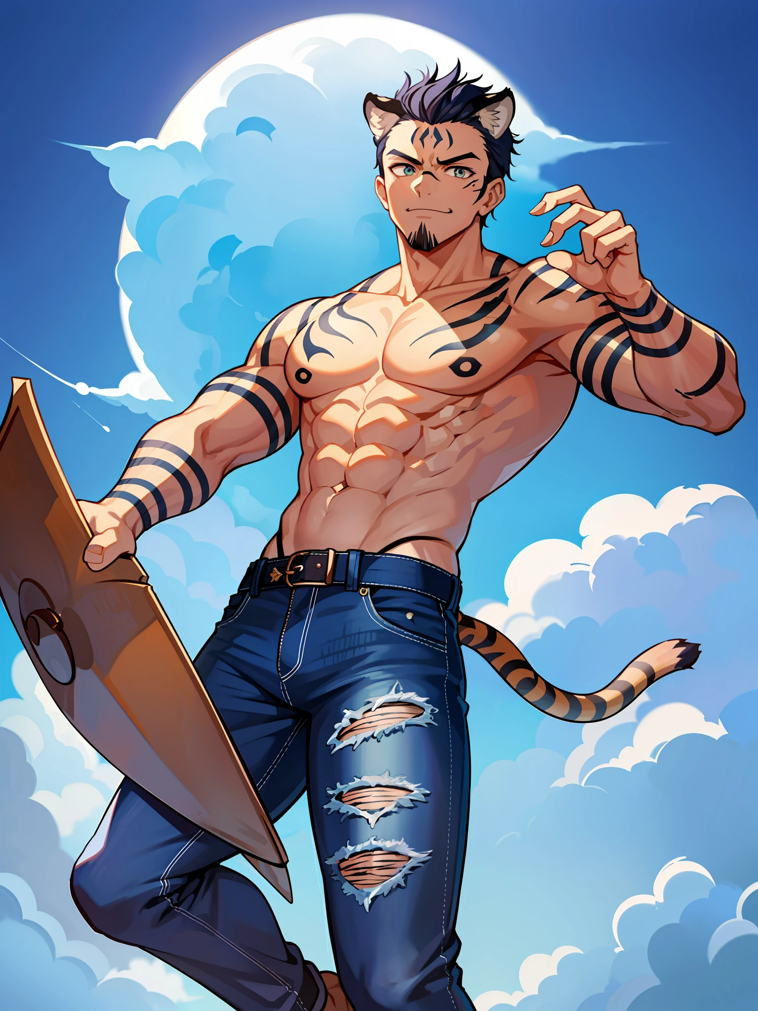 (masterpiece, best quality:1.2), solo, male focus, 1boy, sukuna, tattoo_on_his_face, manly, full body, dark blue hair, cowboy shot, anatomically correct, eye focus, tattoo_ryoumen, toned male, tiger ears, tight jeans, cloud poster background,