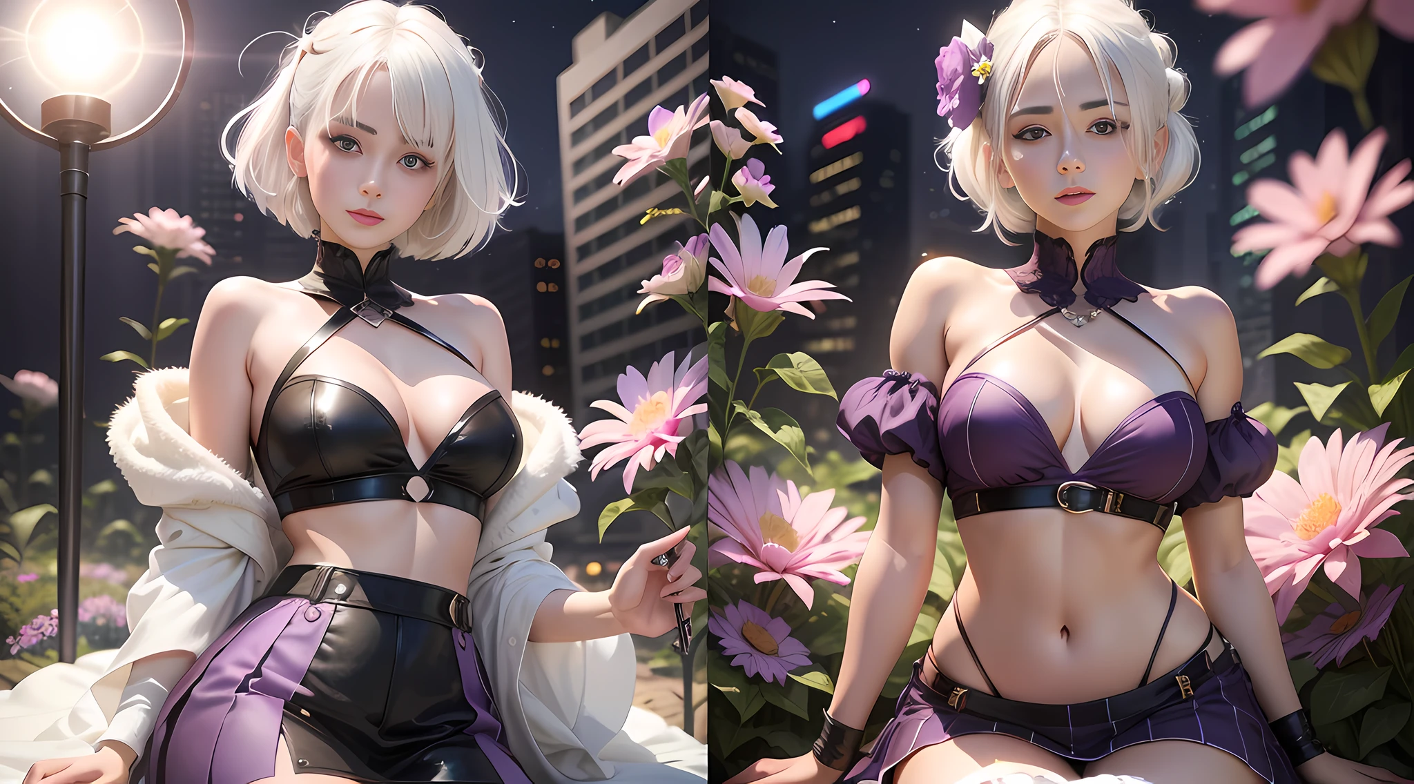 Realistic, 1girl, white hair, purple eyes, glowing eyes, cropped top, skirt, parted lips, blush, night, flowers, sun, sun, sexy, feminine, seductive, provocative, multi-angle shooting, appropriate pose