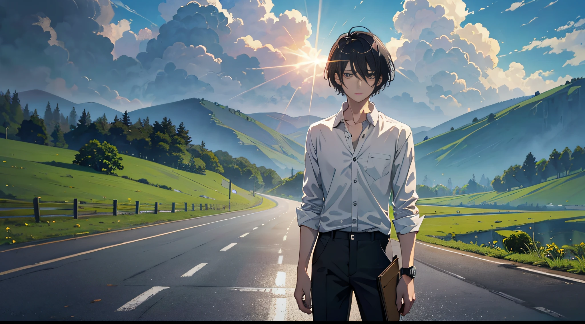 Gangko standing in a car with countryside outside the background, (Gangko: short hair, straight hair, sunshine, handsome, with watch, gray casual shirt, black pants), three-dimensional painting, people account for 3/4, surreal anime, UHD, textured skin, high quality, high detail --auto --s2