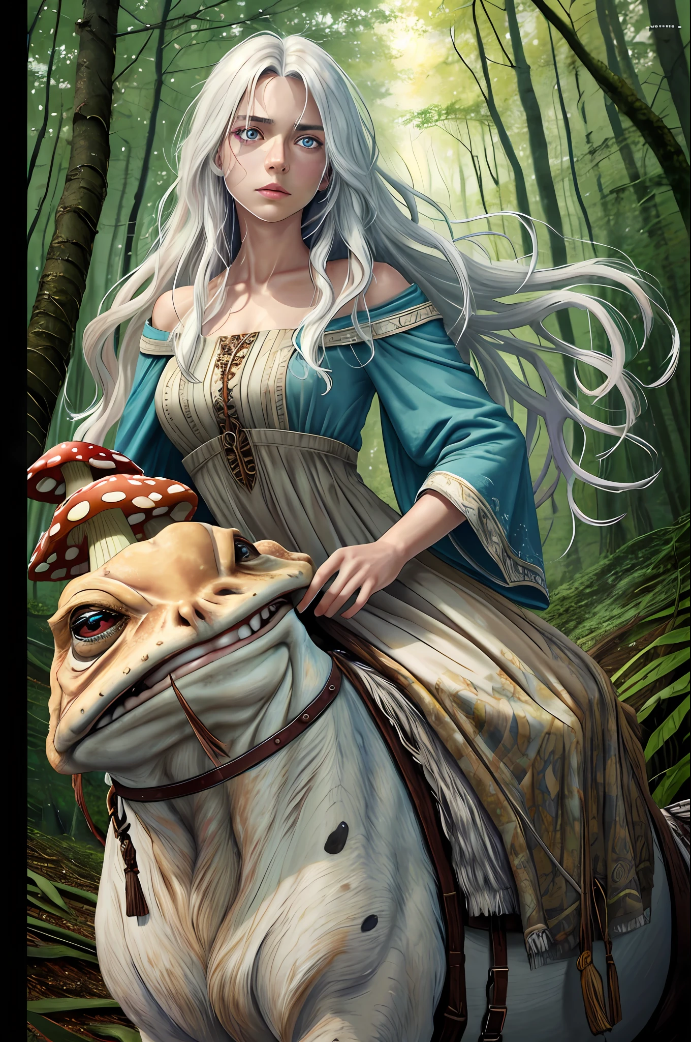 DruidMagicAI, masterpiece, best quality, wide-angle Hyperdetailed, masterpiece, best quality, 8k, natural lighting, soft lighting, sunlight, HDR (High Dynamic Range), Maximum Clarity And Sharpness, Multi-Layered Textures (Beautiful girl with long white hair, glowing eyes, dress, riding a magical toad facing forward:1.3) (Magical Forest in background, Mushroom in background:1.25), RAW candid cinema, 16mm, color graded portra 400 film, remarkable color, ultra realistic, textured skin, remarkable detailed pupils, realistic dull skin noise, visible skin detail, skin fuzz, dry skin, shot with cinematic camera, RAW candid cinema, 16mm, color graded portra 400 film, remarkable color, ultra realistic, textured skin, remarkable detailed pupils, realistic dull skin noise, visible skin detail, skin fuzz, dry skin, shot with cinematic camera, RAW candid cinema, 16mm, color graded portra 400 film, remarkable color, ultra realistic, textured skin, remarkable detailed pupils, realistic dull skin noise, visible skin detail, skin fuzz, dry skin, shot with cinematic camera, RAW candid cinema, 16mm, color graded portra 400 film, remarkable color, ultra realistic, textured skin, remarkable detailed pupils, realistic dull skin noise, visible skin detail, skin fuzz, dry skin, shot with cinematic camera, RAW candid cinema, 16mm, color graded portra 400 film, remarkable color, ultra realistic, textured skin, remarkable detailed pupils, realistic dull skin noise, visible skin detail, skin fuzz, dry skin, shot with cinematic camera, RAW candid cinema, 16mm, color graded portra 400 film, remarkable color, ultra realistic, textured skin, remarkable detailed pupils, realistic dull skin noise, visible skin detail, skin fuzz, dry skin, shot with cinematic camera, RAW candid cinema, 16mm, color graded portra 400 film, remarkable color, ultra realistic, textured skin, remarkable detailed pupils, realistic dull skin noise, visible s