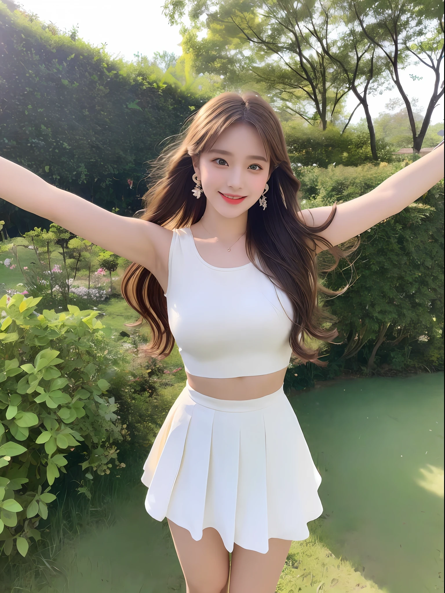 Outdoor, 1 girl, hairpins, earrings, jewelry, brown hair, looking at the audience, lips, delicate and light eyes, beautiful eyes, godly eyes, playful, thighs, full body, white top, short skirt, sweet smile on the face, arms naturally posed, seems to be dancing in harmony with the surroundings. Her breath is full of vitality and vitality, as if her whole body is venting the energy of youth. The whole picture is made more vivid by her presence, making people feel endless joy and vitality.