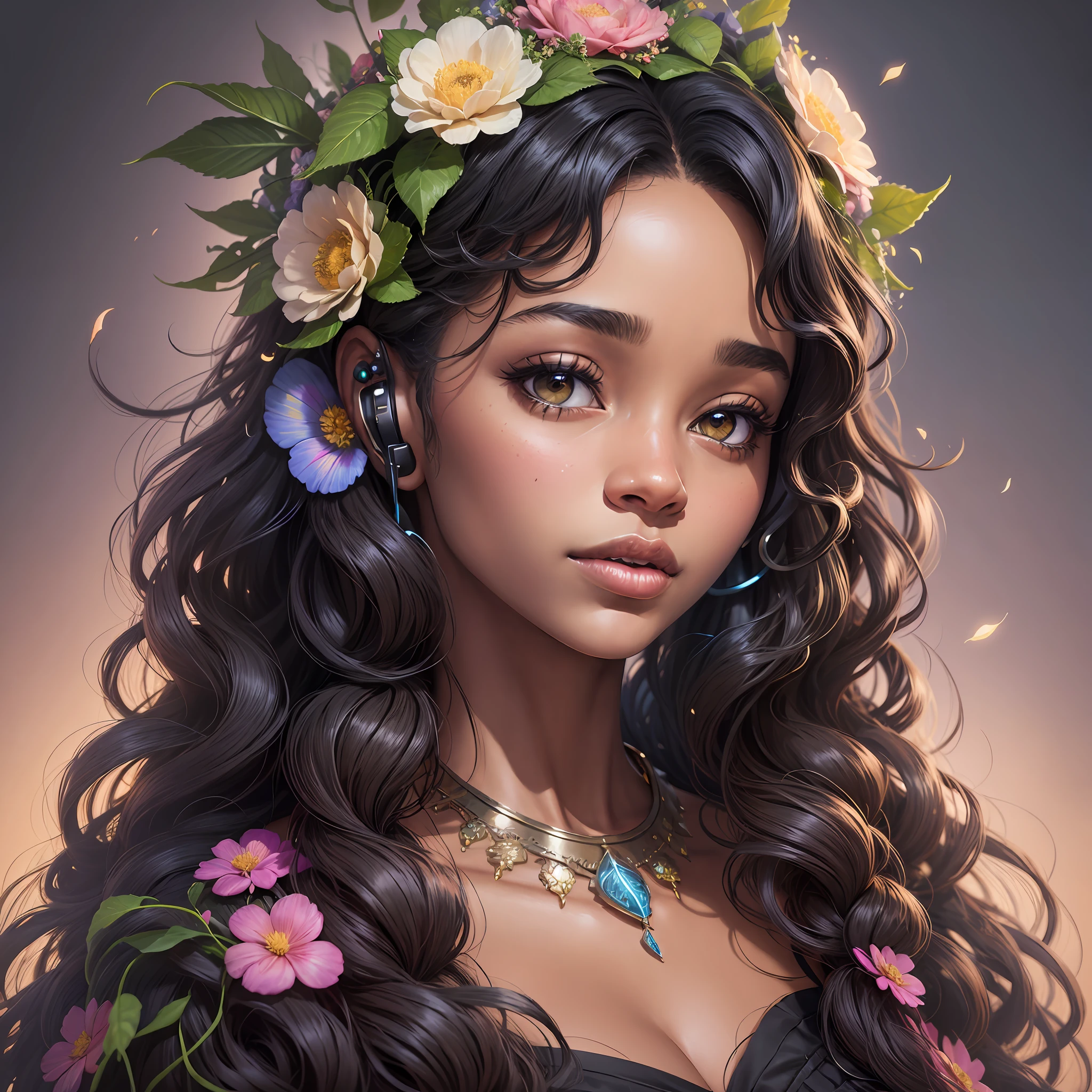 A black woman with flowers in her hair and a wreath on her head,thin face, with curly hair, face, light eyes, very beautiful, big lips, earphone, stunning digital illustration, highly detailed VFX portrait, beautiful digital illustration, beautiful digital art, 4K color photography portrait, afro made of flowers, highly detailed VFX portrait, portrait. 8K High definition, hyper-realism. 4K fantasy, stunning digital painting --auto --s2