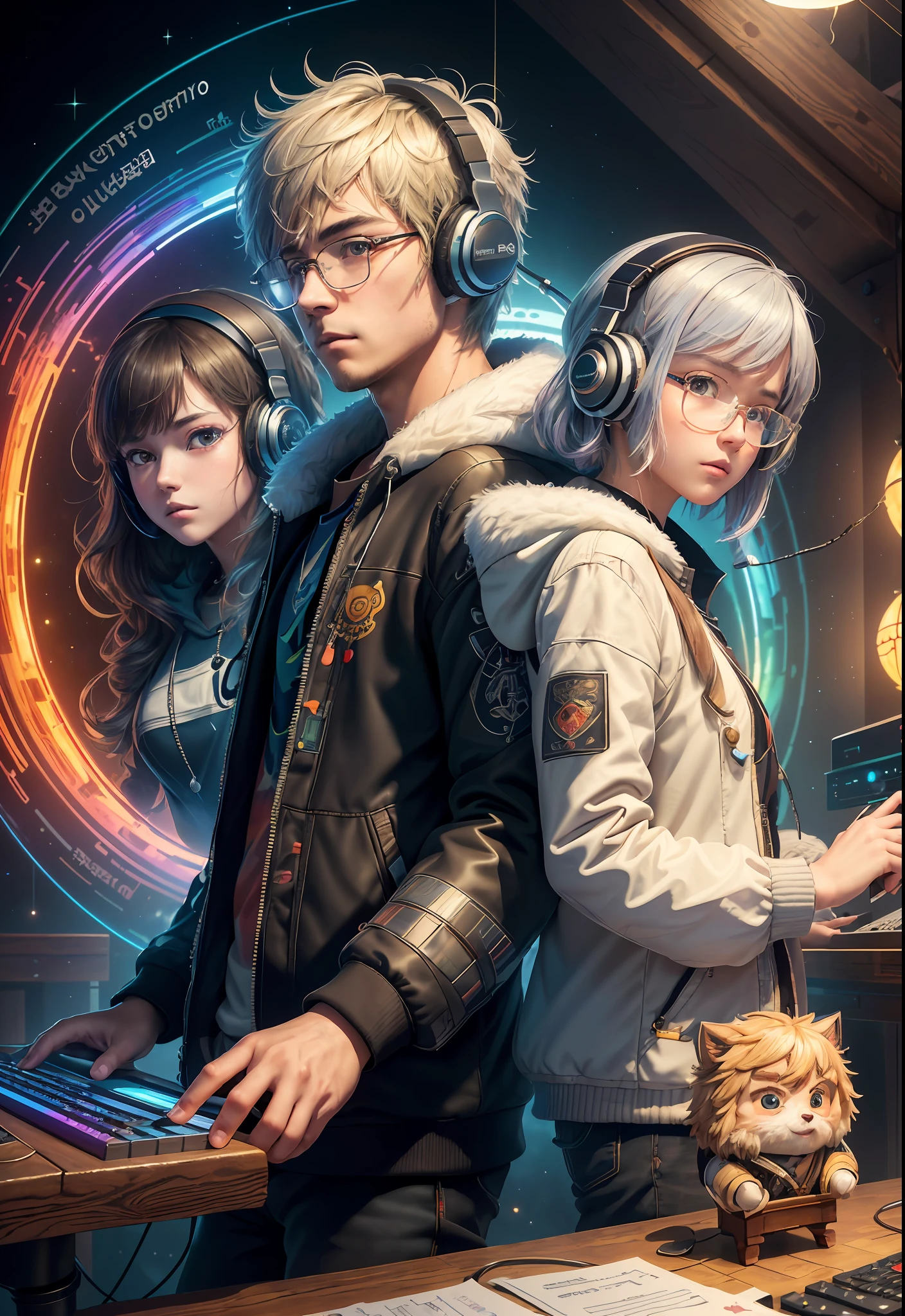 Masterpiece, Best Illustration, Solo, Multiplayer, Handsome Glasses-kun, White-haired Boy, Blonde Girl, Seated, Keyboard \ (Computer \), Fur Decoration, Computer, Monitor, Hood, Jacket, Hood Down (Chair, Headphones, City, Instrument, Cyberpunk, Wooden Toys,\(\(Intricate Details\)\), Color Details, Rainbow Color BREAK, \(\(Best Quality of Masterpiece\)\), 4K, Ultra Detail, Detailed Lighting, \((Inspired by Hayao Miyazaki)\), Official Art, Propaganda art, composition, a giant mirror ball floating in space, twinkling lights, sad lost, particles in the air, intricate fractals, detailed, (illustration), masterpiece, high resolution, best quality. Illuminate people, colorful, master composition, focus on key figures, realism, masterpiece, award-winning, best quality, masterpiece, ultra-detailed, 8K, extremely detailed CG Unity 8k wallpaper, complex, highly detailed, realistic