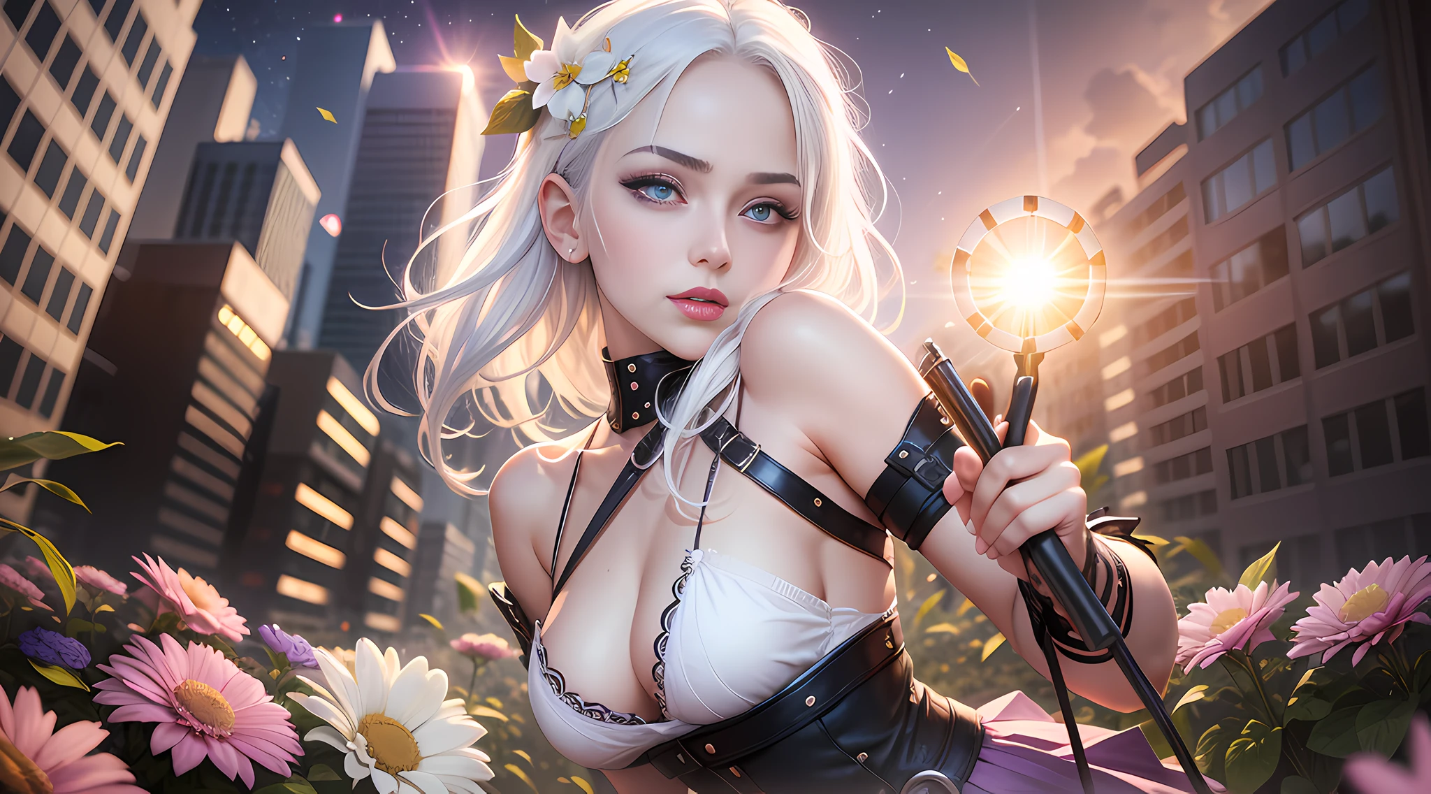 Realistic, 1girl, white hair, purple eyes, glowing eyes, cropped top, skirt, parted lips, blush, night, flowers, sun, sun, sexy, feminine, seductive, provocative, multi-angle shooting, appropriate pose