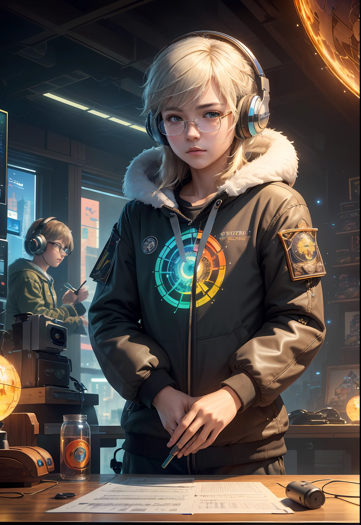 Masterpiece, Best Illustration, Solo, Multiplayer, Handsome Glasses-kun, White-haired Boy, Blonde Girl, Seated, Keyboard \ (Computer \), Fur Decoration, Computer, Monitor, Hood, Jacket, Hood Down (Chair, Headphones, City, Instrument, Cyberpunk, Wooden Toys,\(\(Intricate Details\)\), Color Details, Rainbow Color BREAK, \(\(Best Quality of Masterpiece\)\), 4K, Ultra Detail, Detailed Lighting, \((Inspired by Hayao Miyazaki)\), Official Art, Propaganda art, composition, a giant mirror ball floating in space, twinkling lights, sad lost, particles in the air, intricate fractals, detailed, (illustration), masterpiece, high resolution, best quality. Illuminate people, colorful, master composition, focus on key figures, realism, masterpiece, award-winning, best quality, masterpiece, ultra-detailed, 8K, extremely detailed CG Unity 8k wallpaper, complex, highly detailed, realistic