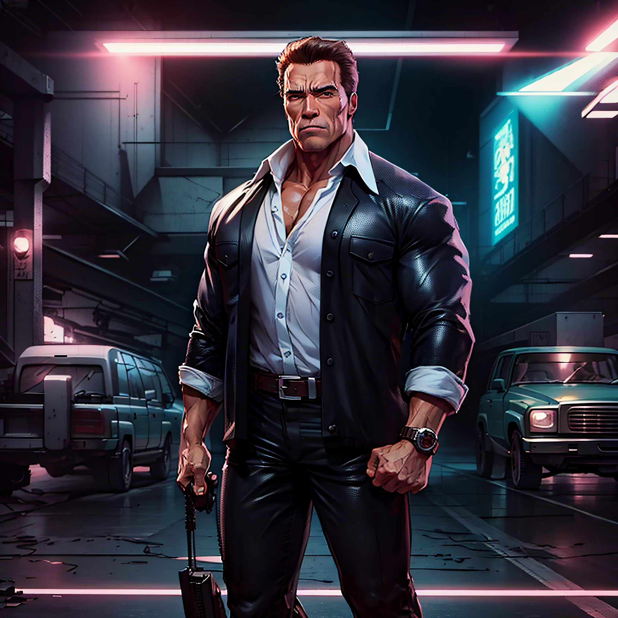 Arnold Schwarzenegger anime style, very detailed, full body, with backdrop