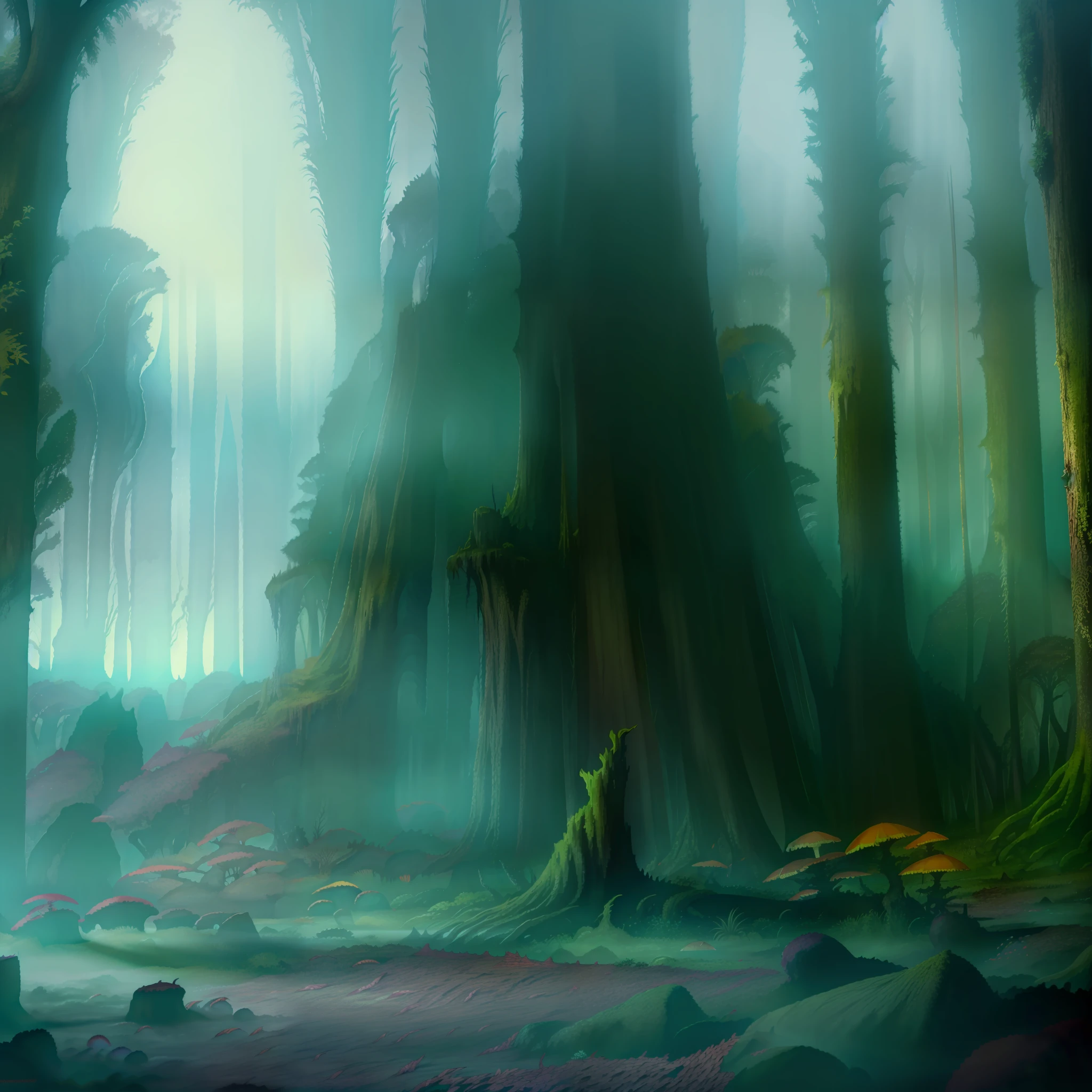 Forest of Fear, dark fantasy, nature, animals, dense shadows, sinister, dense flora, fungi, primeval forest, conifers, pines, oaks, scarce and obscured light, fog, darkness