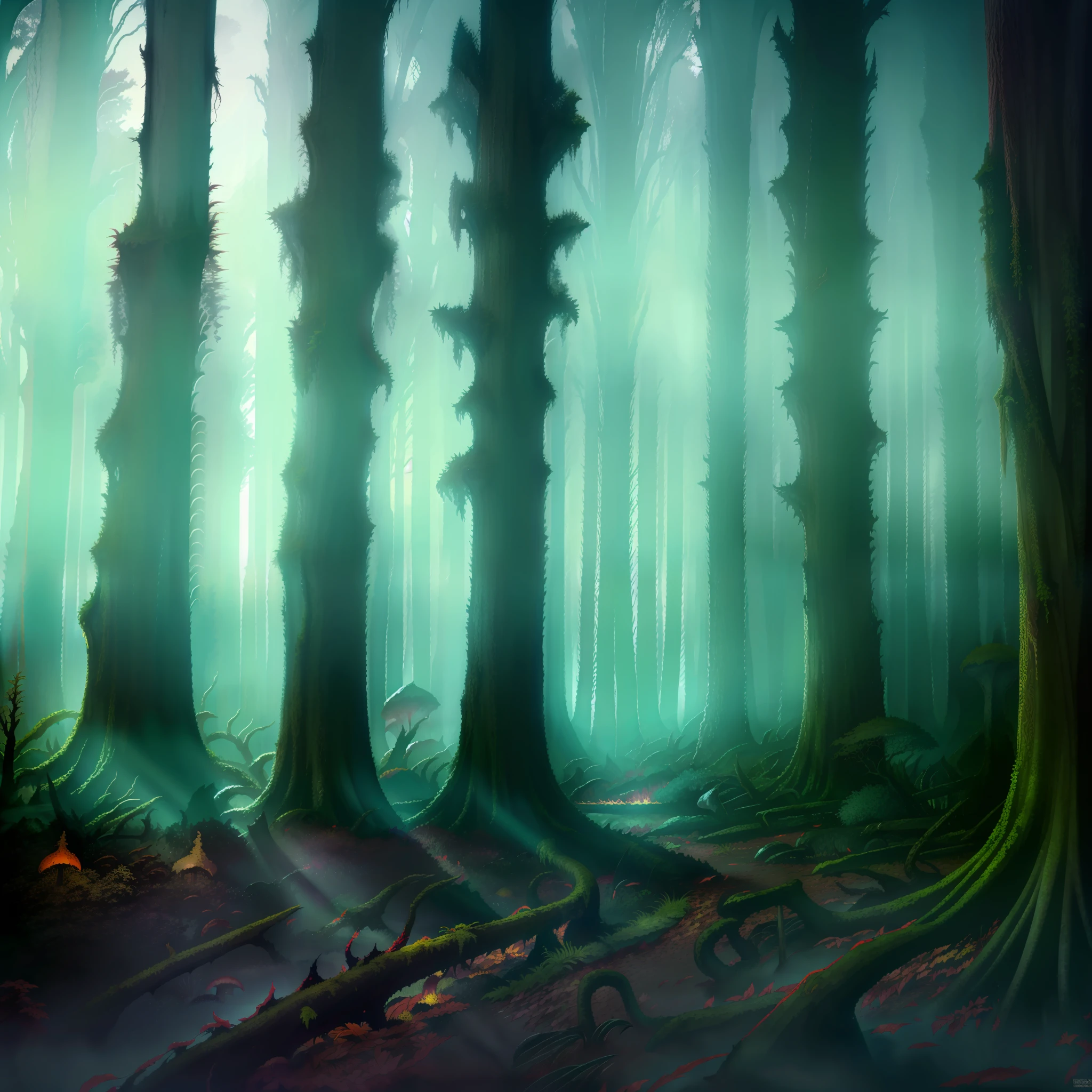 Forest of Fear, dark fantasy, nature, animals, dense shadows, sinister, dense flora, fungi, primeval forest, conifers, pines, oaks, scarce and obscured light, fog, darkness