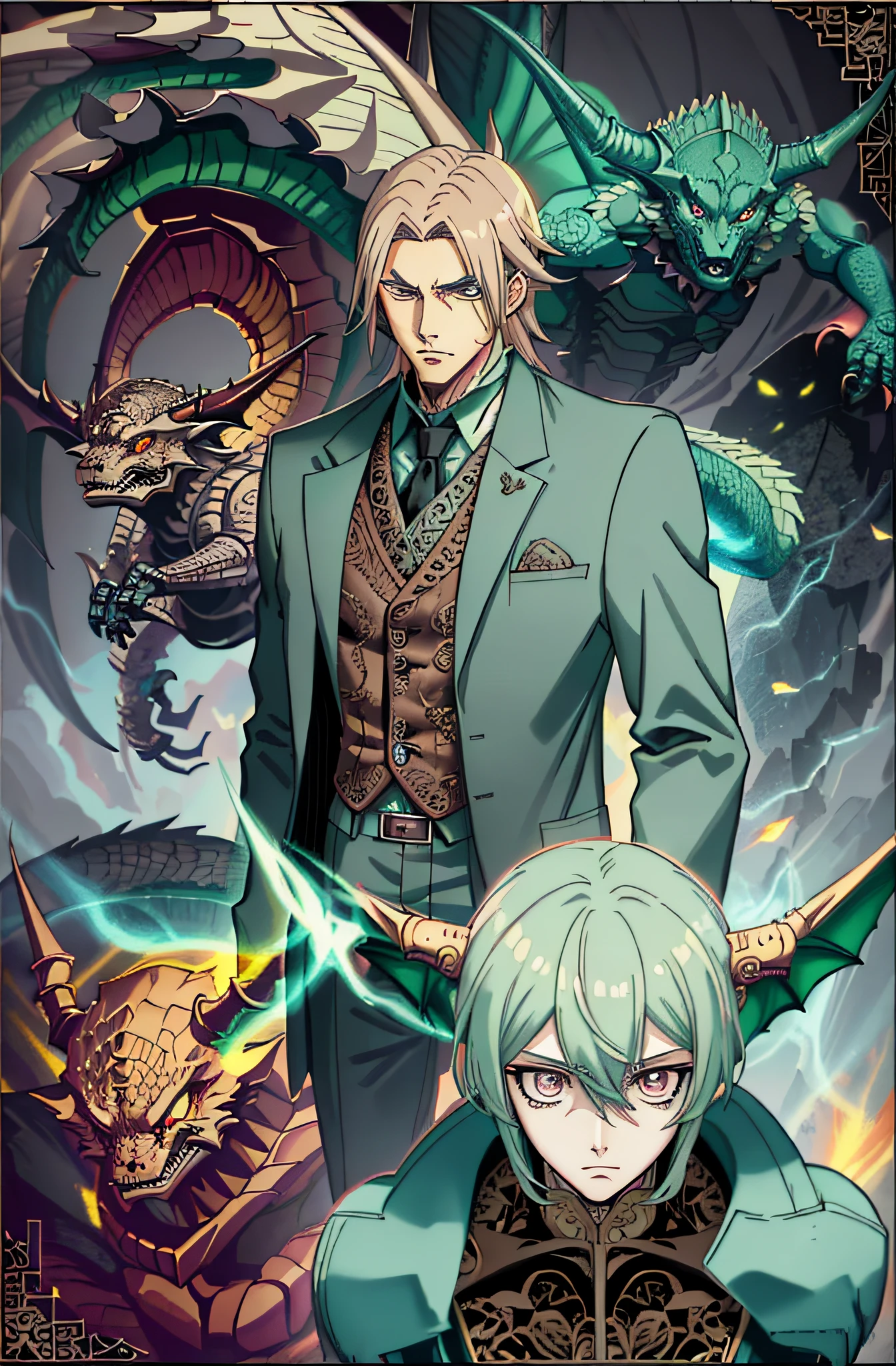((pastel color)), anime man in brown suit stand in middle, dark demons, grey demons, dragon teeth, dragon scales, tunnel background, anime style, comic book cover, (masterpiece:1.5), (intricate detail:1.5), (anime style:1.5)