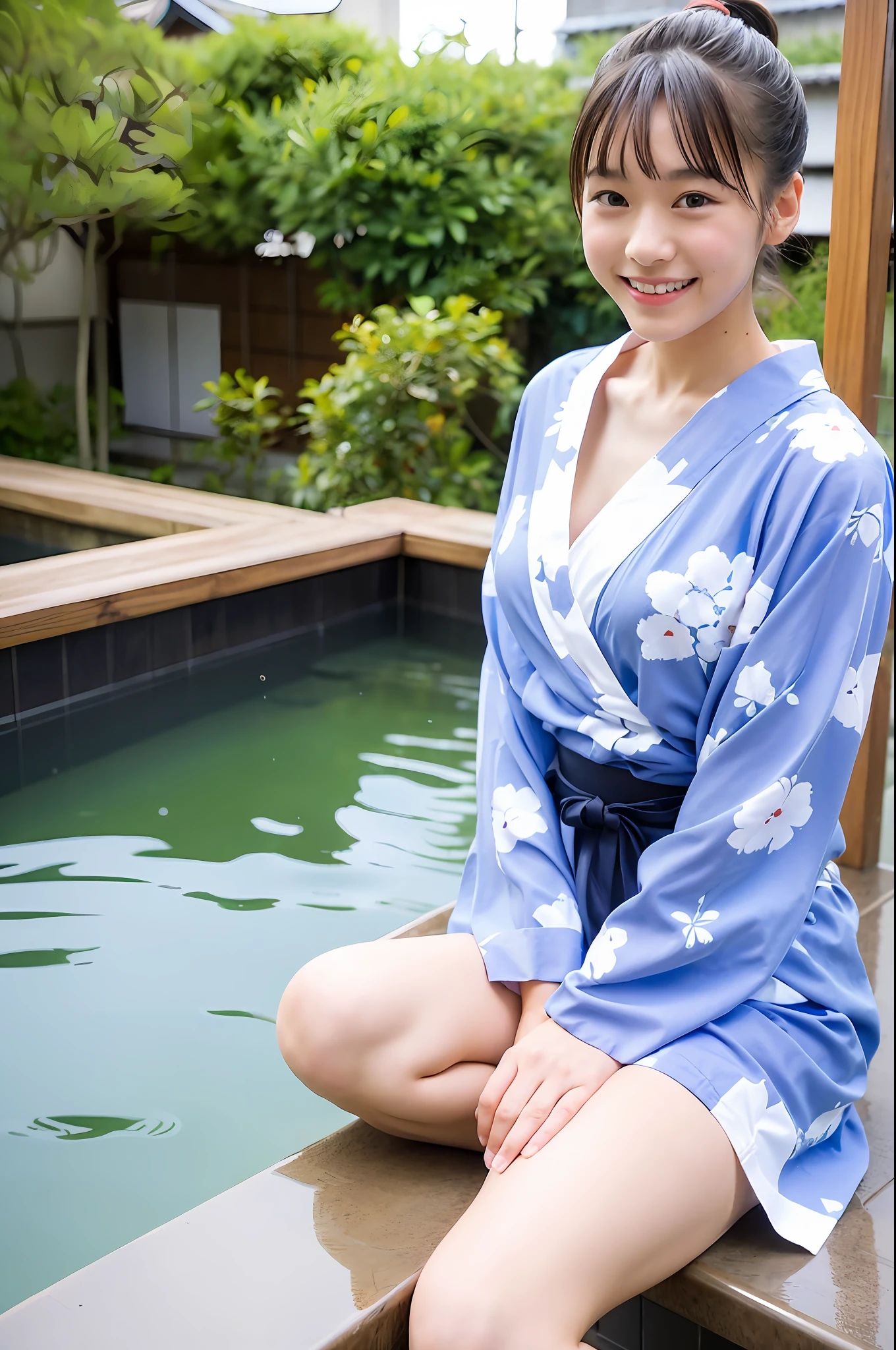 ((Girl with a ponytail wearing a yukata and white string-panties)),,Little,Onsen,Feet are in the hot spring