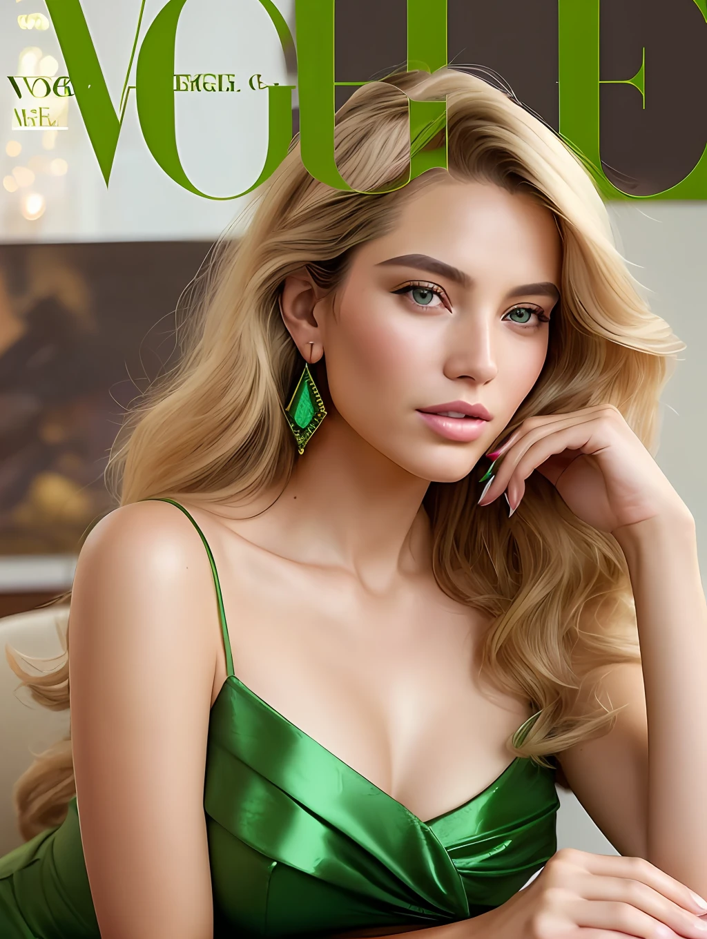 photo of a stunning beautiful woman in the cover of a fashion magazine, long messy windy blonde hair, green eyes, (Vogue magazine cover:1.3), (pervpulp15:1.2), modelshoot style, (extremely detailed CG unity 8k wallpaper), photo of the most beautiful artwork in the world, professional majestic oil painting by Ed Blinkey, Atey Ghailan, Studio Ghibli, by Jeremy Mann, Greg Manchess, Antonio Moro, trending on ArtStation, trending on CGSociety, Intricate, High Detail, Sharp focus, dramatic, photorealistic painting art by midjourney and greg rutkowski, (sexy shiny green dress:1.1), (looking at viewer), (detailed pupils:1.3), (modern outfit:1.2), (closeup), pink lips, (earrings), (fashion magazine logo), (magazine text), (magazine title:1.1)