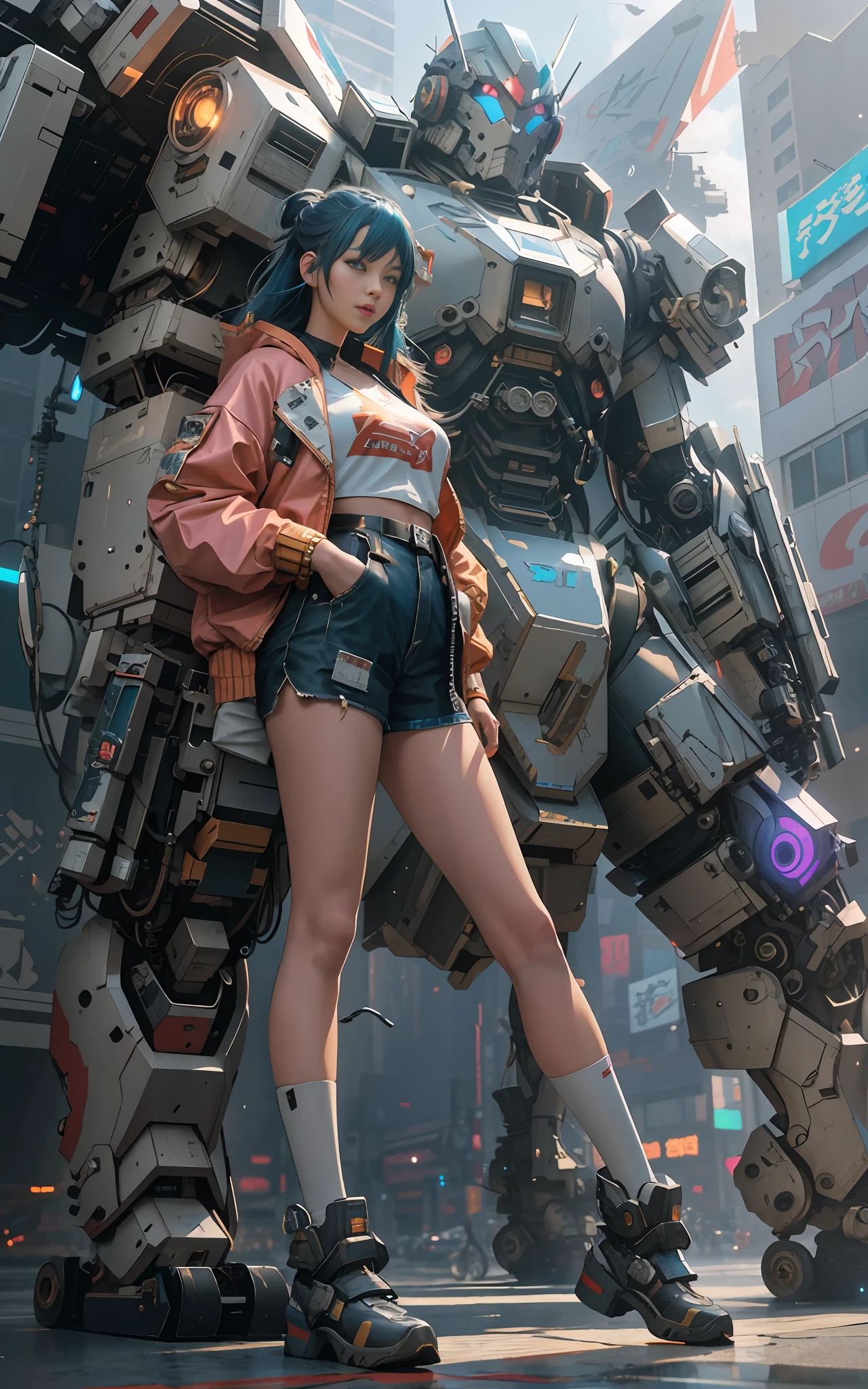 anime girl standing next to giant robot in a city, cyberpunk anime girl mech, digital cyberpunk anime art, ross tran 8 k, wojtek fus, artwork in the style of guweiz, by Russell Dongjun Lu, girl in mecha cyber armor, digital cyberpunk - anime art, guweiz on artstation pixiv, trending on cgstation