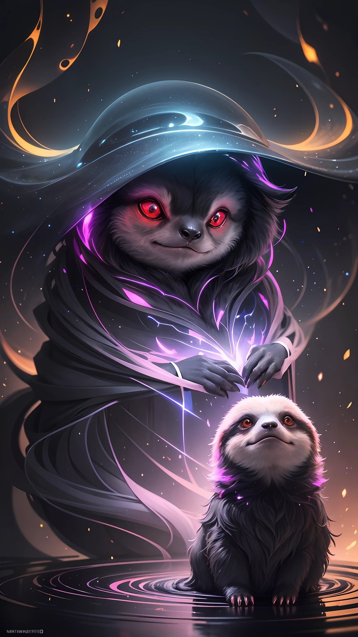 Luminous Sloth: This NFT is an artistic representation of a sloth in a nocturnal and mysterious setting. With its black fur, hints of red, and a glowing aura, the image conveys the idea that the sloth emits its own light. The subtle luminosity and shimmering patterns present in the NFT make the sloth appear ethereal and celestial. This artwork represents calmness, tranquility, and the magic of the night. --auto --s2