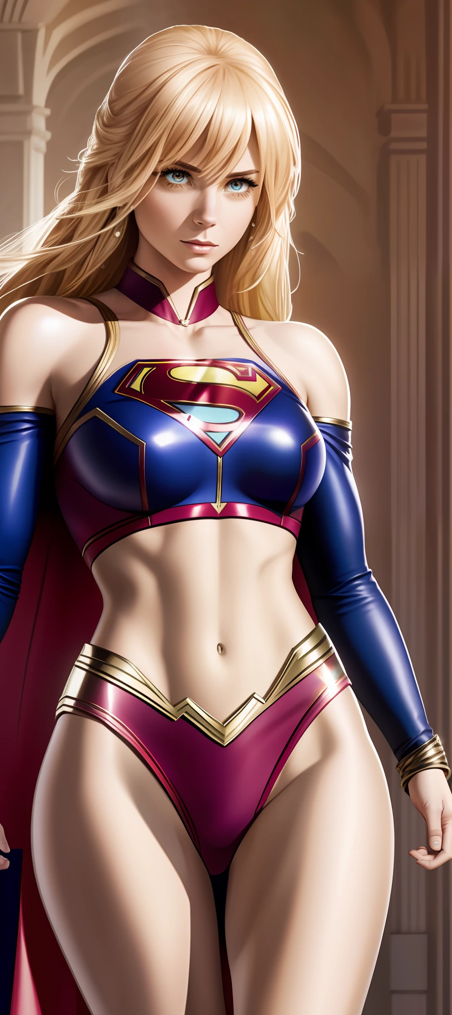 "Supergirl's masterpiece of art complete, high quality, ultra detailed in 4k, 8k, high resolution, hyper-realistic photo, hyper-detailed, realistic skin texture, amazing shadows, extremely detailed texture, perfect lighting, high-level image quality." A female superheroine, inspired by x-man, Fair skin, blond hair, outlined eyes, outlined face, bracelet, Full body, Nice super hero clothes, in the florest, outside a mansion, symbol S of superman. --auto --s2