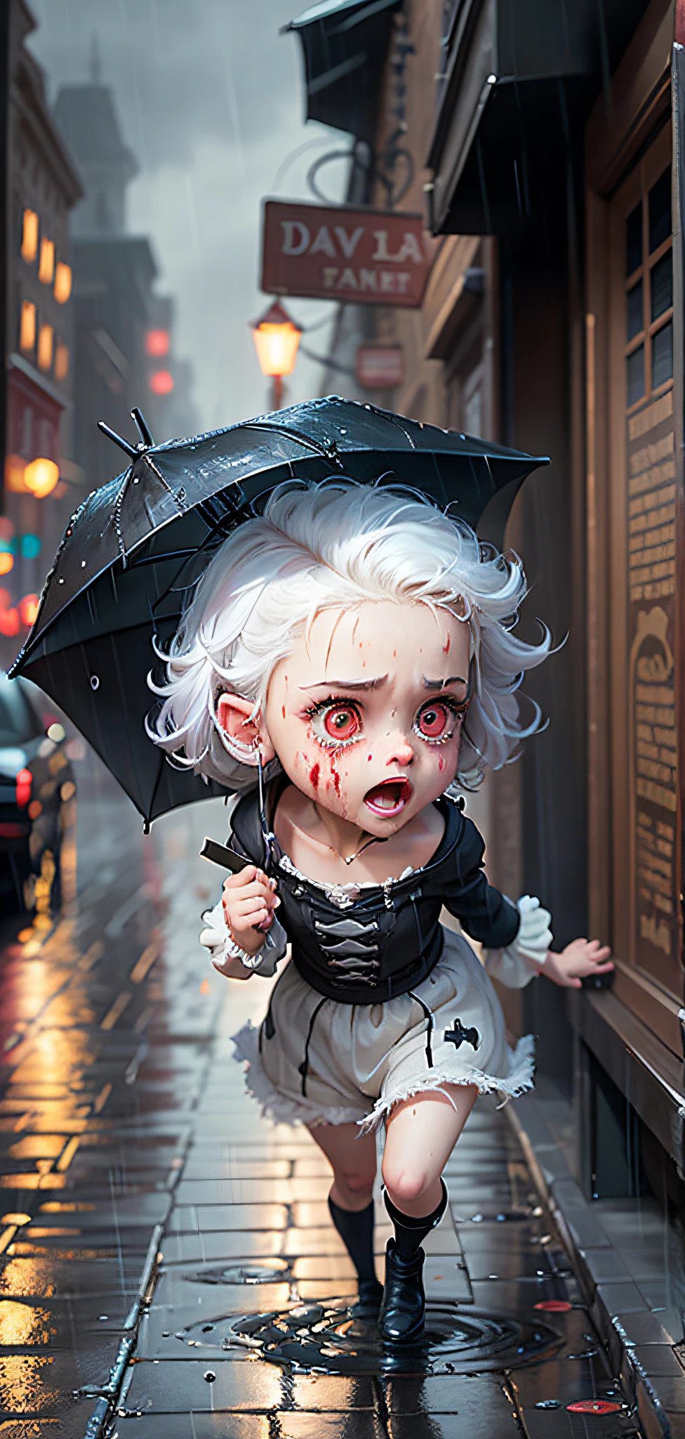 Blurry background, dark background, Terror, Disney, raining, at night, in the city, Venellope style Wrecks Ralph, white hair, cute, terror, well terror, small, very short, terror, blood --auto --s2