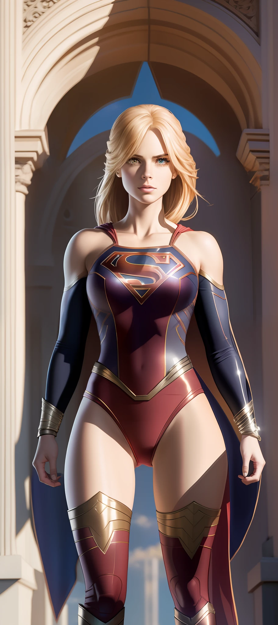 "Supergirl's masterpiece of art complete, high quality, ultra detailed in 4k, 8k, high resolution, hyper-realistic photo, hyper-detailed, realistic skin texture, amazing shadows, extremely detailed texture, perfect lighting, high-level image quality." A female superheroine, inspired by x-man, Fair skin, blond hair, outlined eyes, outlined face, bracelet, Full body, Nice super hero clothes, in the florest, outside a mansion, symbol S of superman. --auto --s2