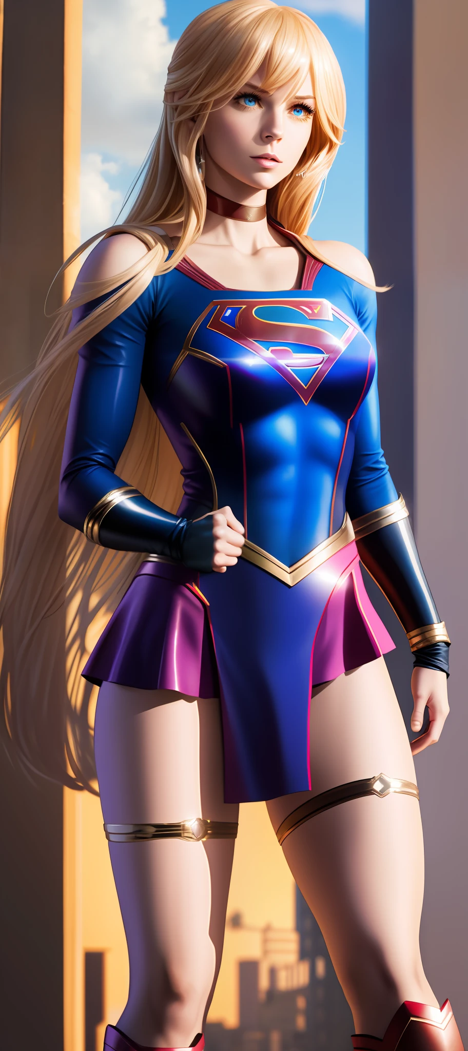 "Supergirl's masterpiece of art complete, high quality, ultra detailed in 4k, 8k, high resolution, hyper-realistic photo, hyper-detailed, realistic skin texture, amazing shadows, extremely detailed texture, perfect lighting, high-level image quality." A female superheroine, inspired by x-man, Fair skin, blond hair, outlined eyes, outlined face, bracelet, Full body, Nice super hero clothes, in the florest, outside a mansion, symbol S of superman. --auto --s2