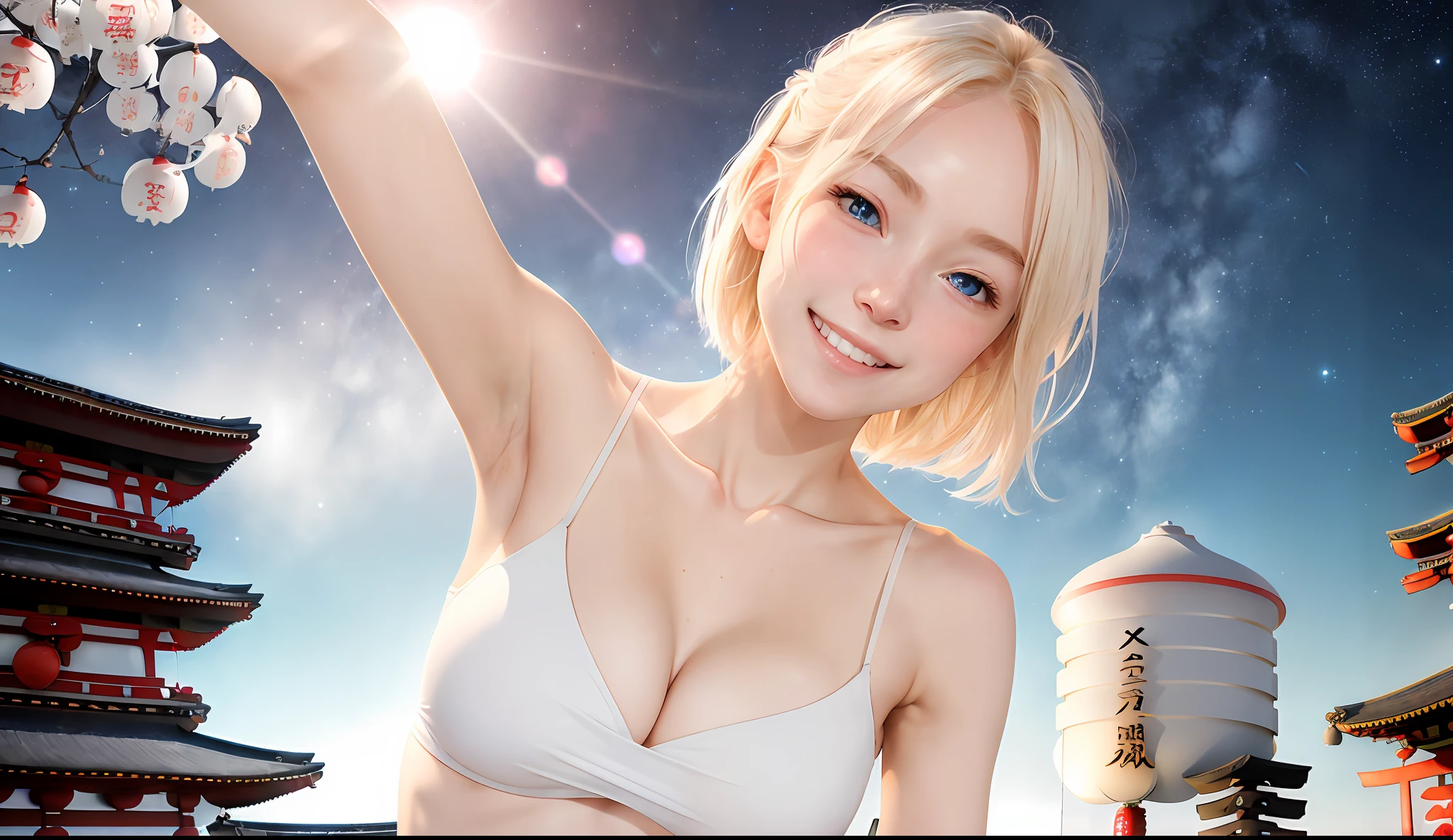 Cute white, cute, innocent, blonde 23 years old, ((thin)), (flat abs)), blush, (huge huge big: 1.4), (side boob), (under), pressed together, white skin, blue eyes, camisole, (((Asakusa)), Look at the camera, smile, fun, happiness, close-up, night, starry sky,