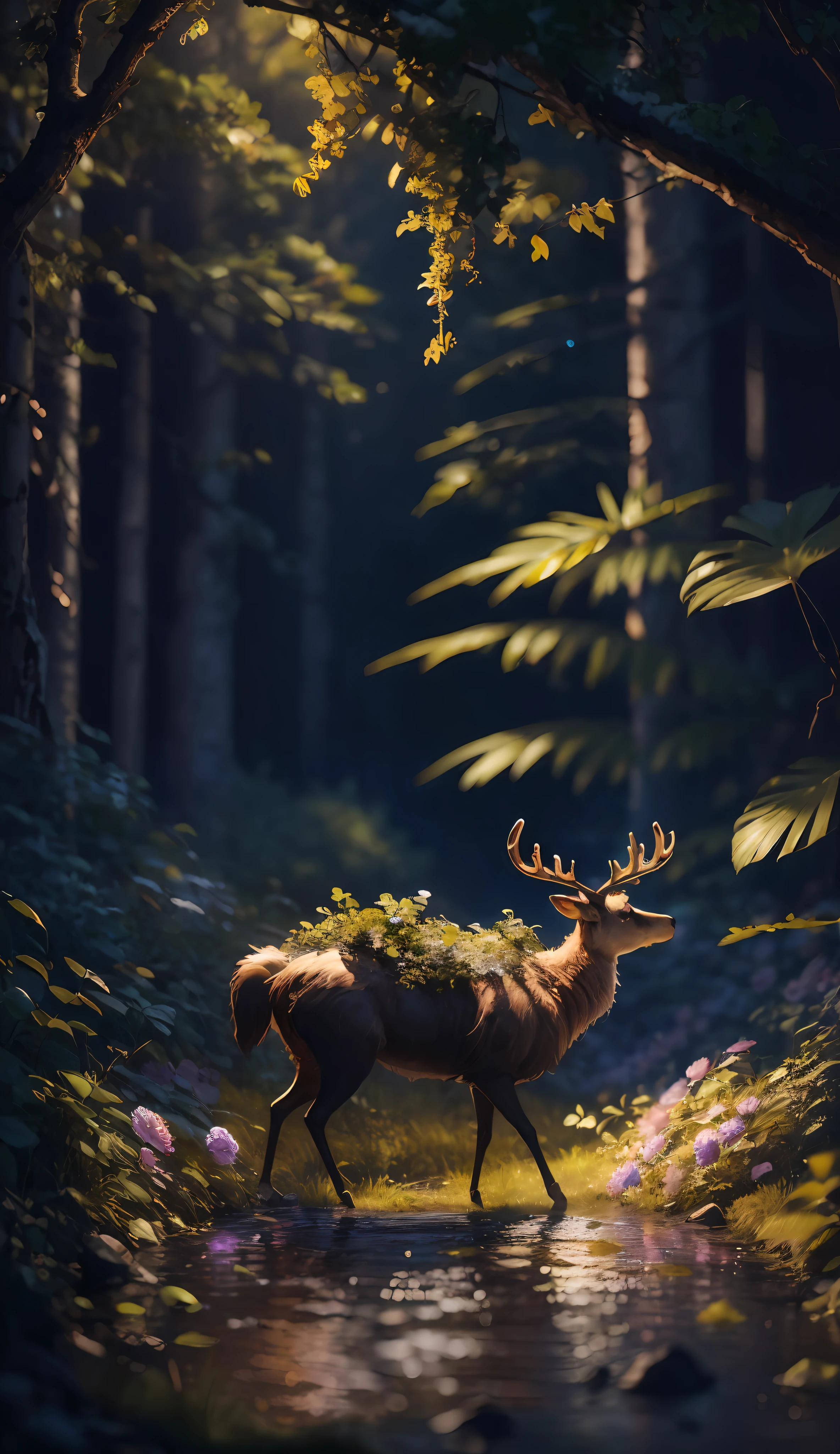 Masterpiece, best quality, (very detailed CG unified 8k wallpaper), (best quality), (best illustration), (best shadow), glowing deer, a beautiful little girl playing with deer, natural elements in forest theme. Mysterious forest, beautiful forest, nature, surrounded by flowers, delicate leaves and branches surrounded by fireflies (natural elements), (jungle theme), (leaves), (branches), (fireflies), (particle effects) and other 3D, Octane rendering, ray tracing, super detailed --auto --s2