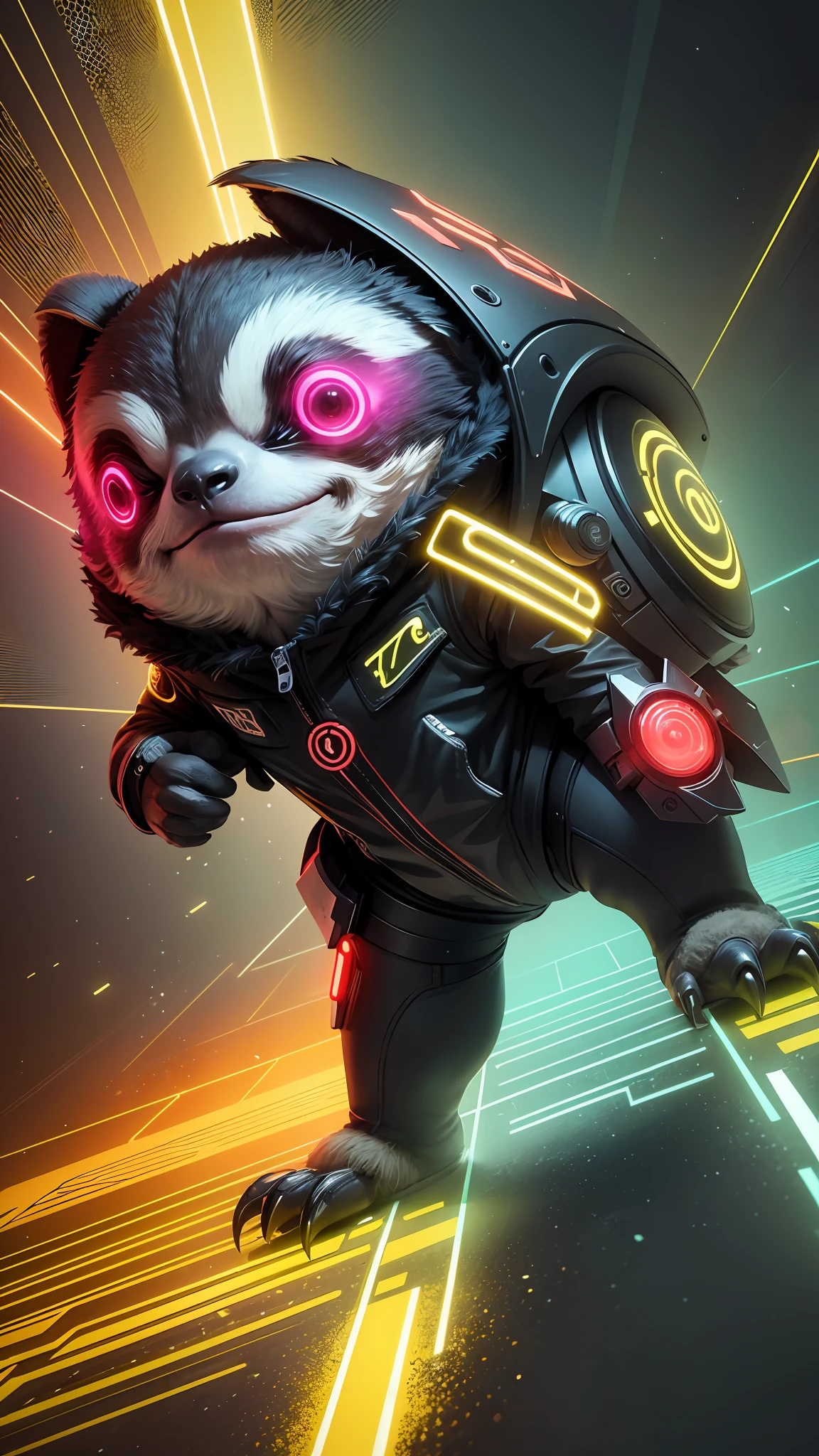 Techno Sloth: This NFT combines a technological style with vibrant colors such as yellow, black, and red. The sloth is depicted in a digitally stylized environment, with geometric shapes and glowing energy lines surrounding it. The image conveys a sense of energy and movement, representing the sloth as a dynamic and powerful figure in the digital world. The techno style of this NFT makes it an intriguing choice for lovers of contemporary art. --auto --s2