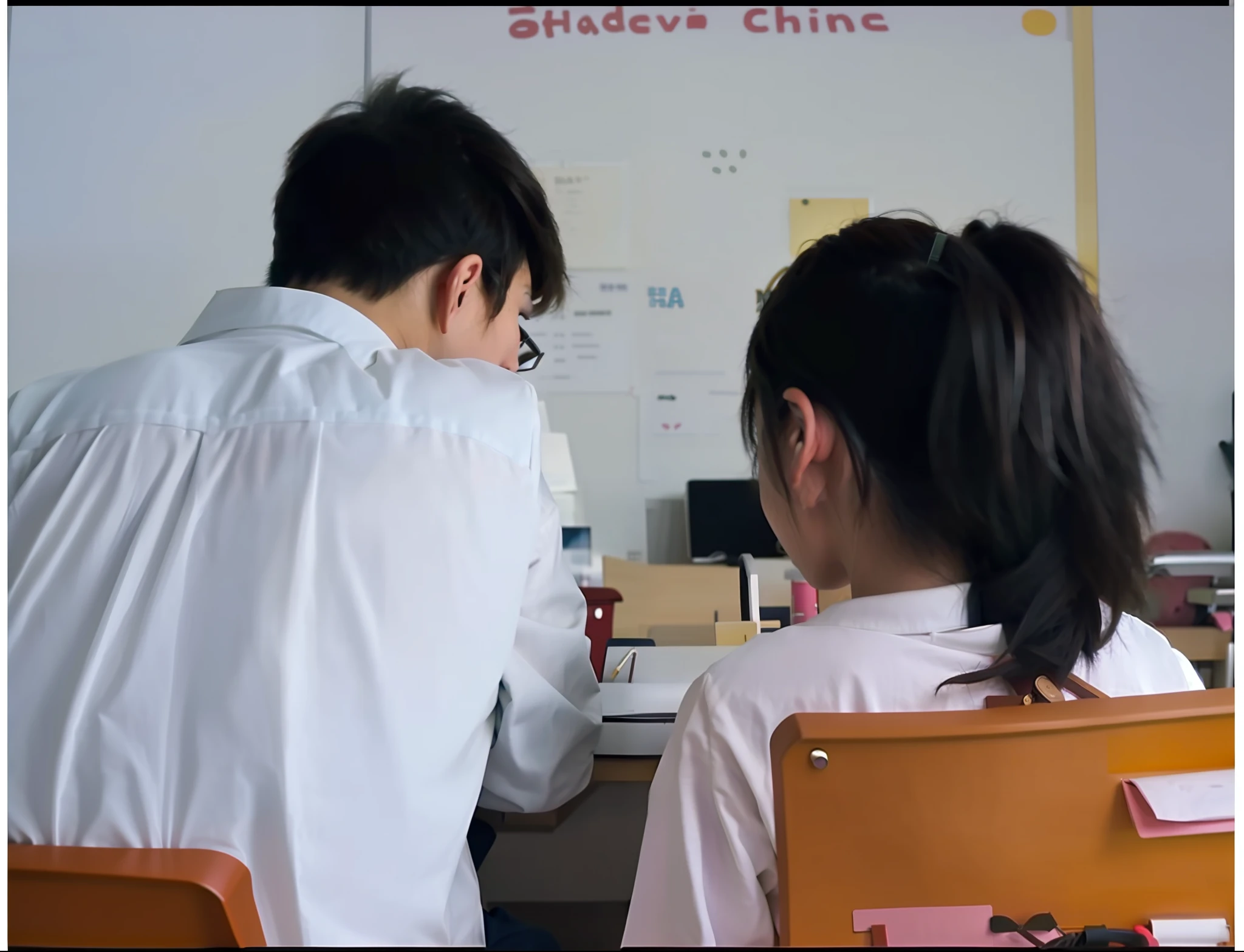 there is a man and a woman sitting at a desk, student, ruan jia and fenghua zhong, screenshot from a movie, teacher, scene from a movie, in a classroom, youtube video screenshot, highlight scene of the movie, in a school classroom, school class, intense knowledge, with subtitles, scene from live action movie, sitting in the classroom
