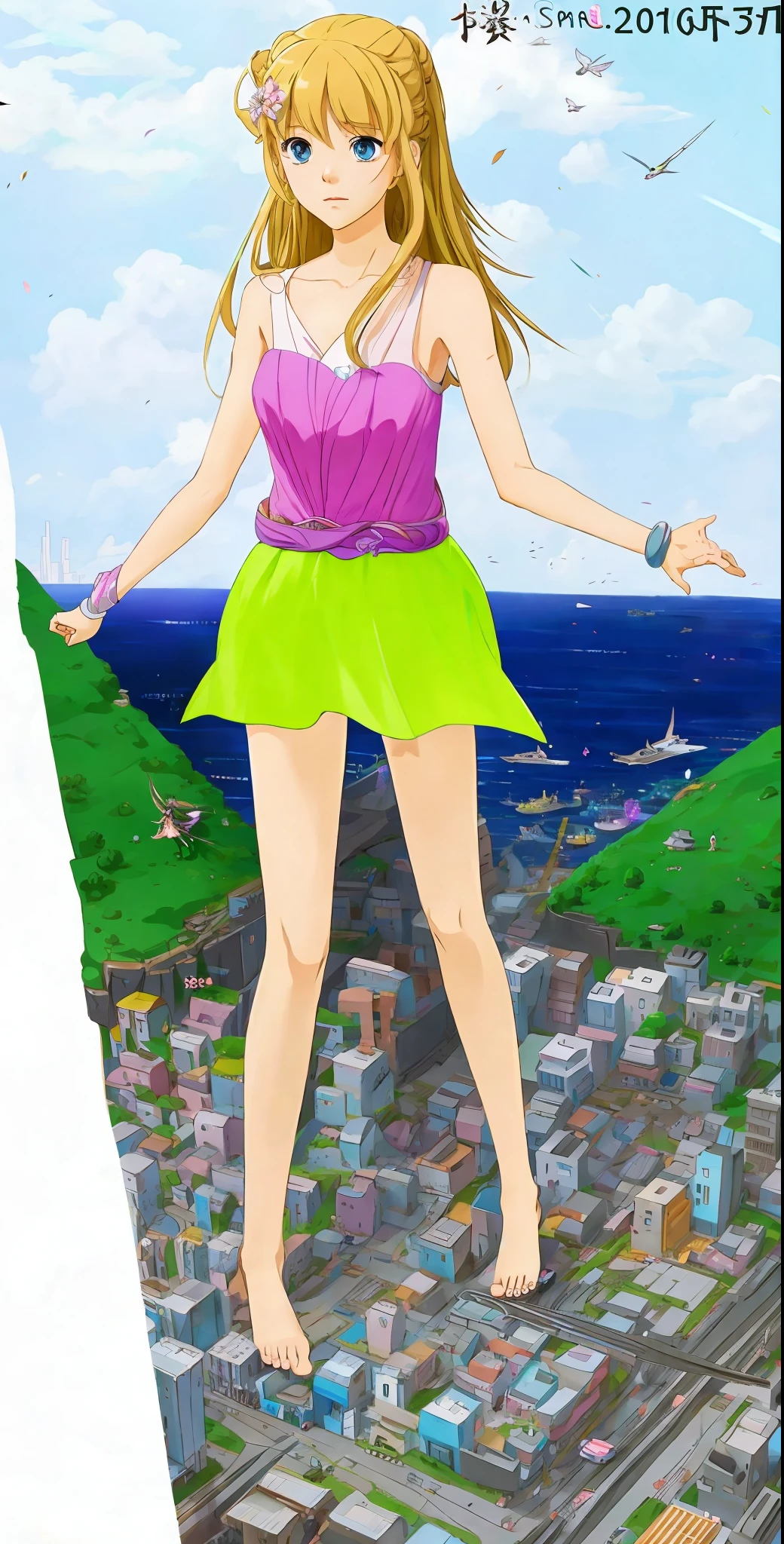 Barefoot, anime girl in pink dress standing on cliff overlooking city, giant art, giant, walking on small city, very detailed giant shot, giant shot, urban girl fan art, view (full body + zoom out), far full body view, highly detailed giant shot, macro giant、!! Full body portrait!! --auto --s2