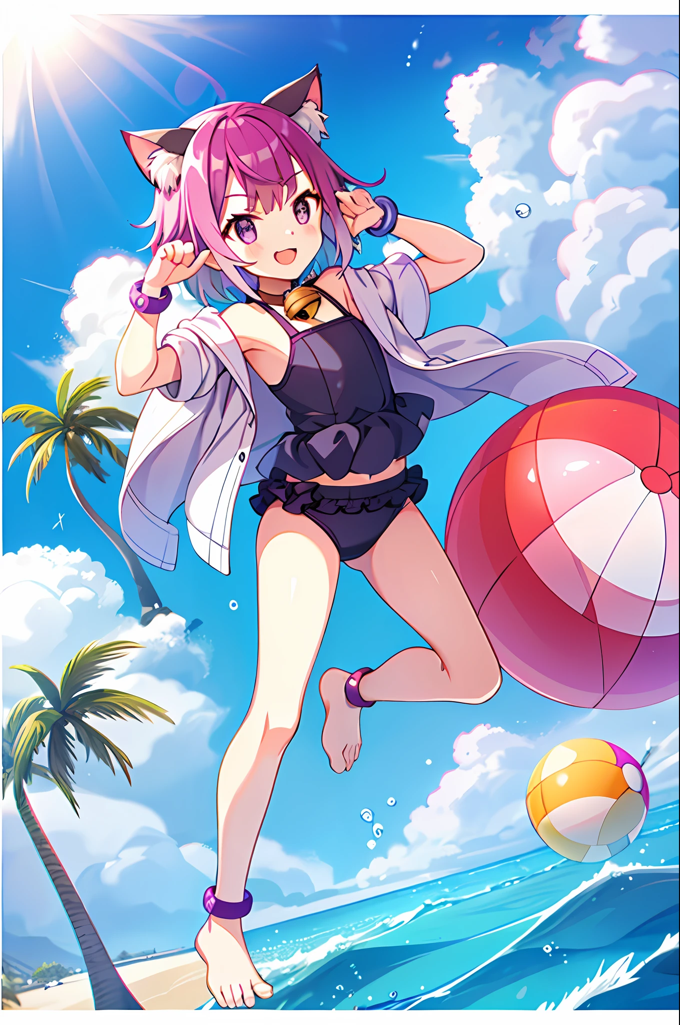 1girl, tamaki,miguzi,animal_ears, anklet, balloon, barefoot, beach, beachball, neck_bell, bikini, black_bikini, blue_sky, boots_removed, breasts, bubble, cat_ears, cloud, cloudy_sky, collar, day, fang, feet, hair_ornament, horizon, innertube,  lens_flare, ocean, open_mouth, outdoors, palm_tree, purple_eyes, purple_hair, shoes, shoes_removed, short_hair, single_shoe, sky, soles, solo, splashing, sun, sunlight, swimsuit, toes, tree, water