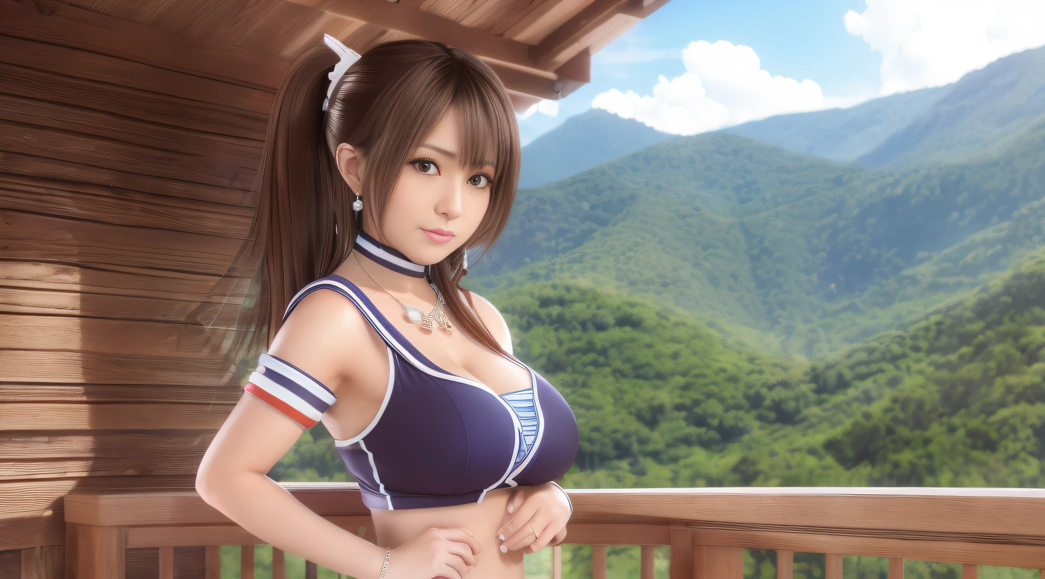 One girl, beautiful woman, large breasts, round booty, realistic, photorealistic, detailed face, perfect face, brown hair, harem clothes, ponytail, jewelry, transparent clothes, armlet, bangle, earrings, cove, pureerosface_v1:0.4, ulzzang-6500:0.4, amazing, \(umamusume\), full body, masterpiece, best quality, high quality, highres