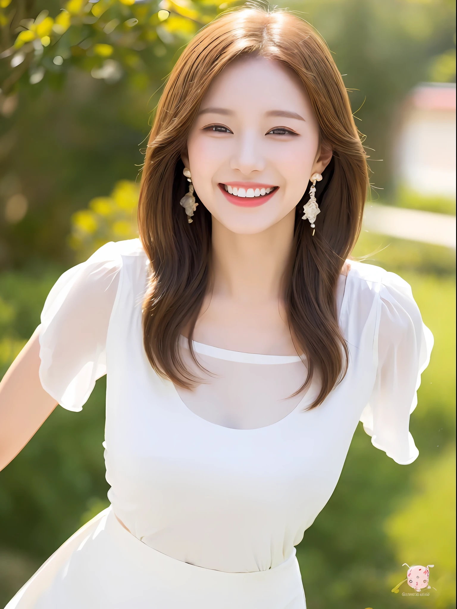 (((The best picture))), the best quality painting style, extremely delicate, HD wallpaper, never tired of watching, girl smile, natural arms, earrings, brown hair, wearing a white blouse and short skirt, laughing, beautiful smile, full of vitality, seems to be integrated with the surrounding environment, her vibrant and vibrant breath seems to vent a lot of youthful energy.
