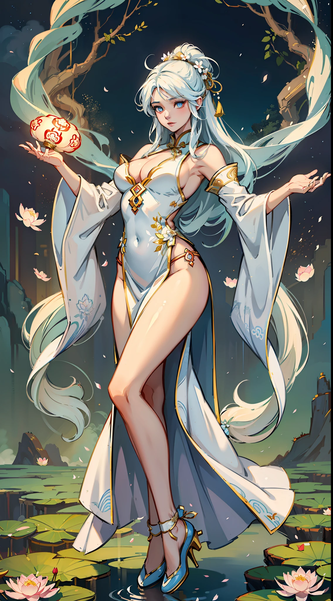 ((High-quality CG, Chinese painting style), (female one), full body picture, a beautiful fairy dancing in the magnificent sky, beautiful and gorgeous posture, beautiful appearance like a flower, dressed in white, like the first bloom of snow lotus, eyes shining with happiness, full of light, brilliant magic array surrounding, containing oriental aesthetics, gorgeous fairy clothes, exquisite posture, long hair like a waterfall, white light flashing, dreamy clouds. --auto --s2