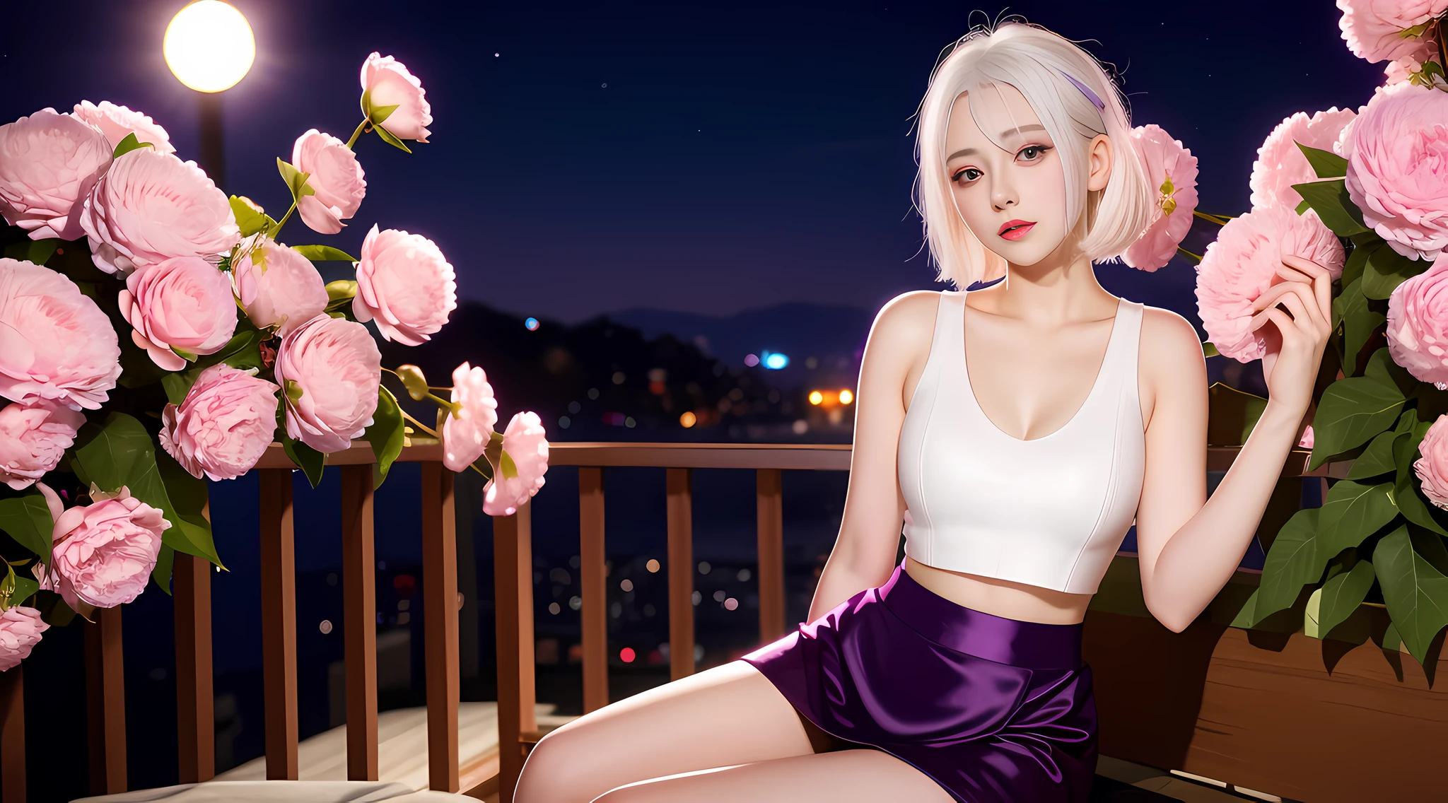 Realistic, 1girl, white hair, purple eyes, glowing eyes, cropped top, skirt, parted lips, blush, night, flowers, sun, sun, sexy, feminine, seductive, provocative, multi-angle shooting, appropriate pose