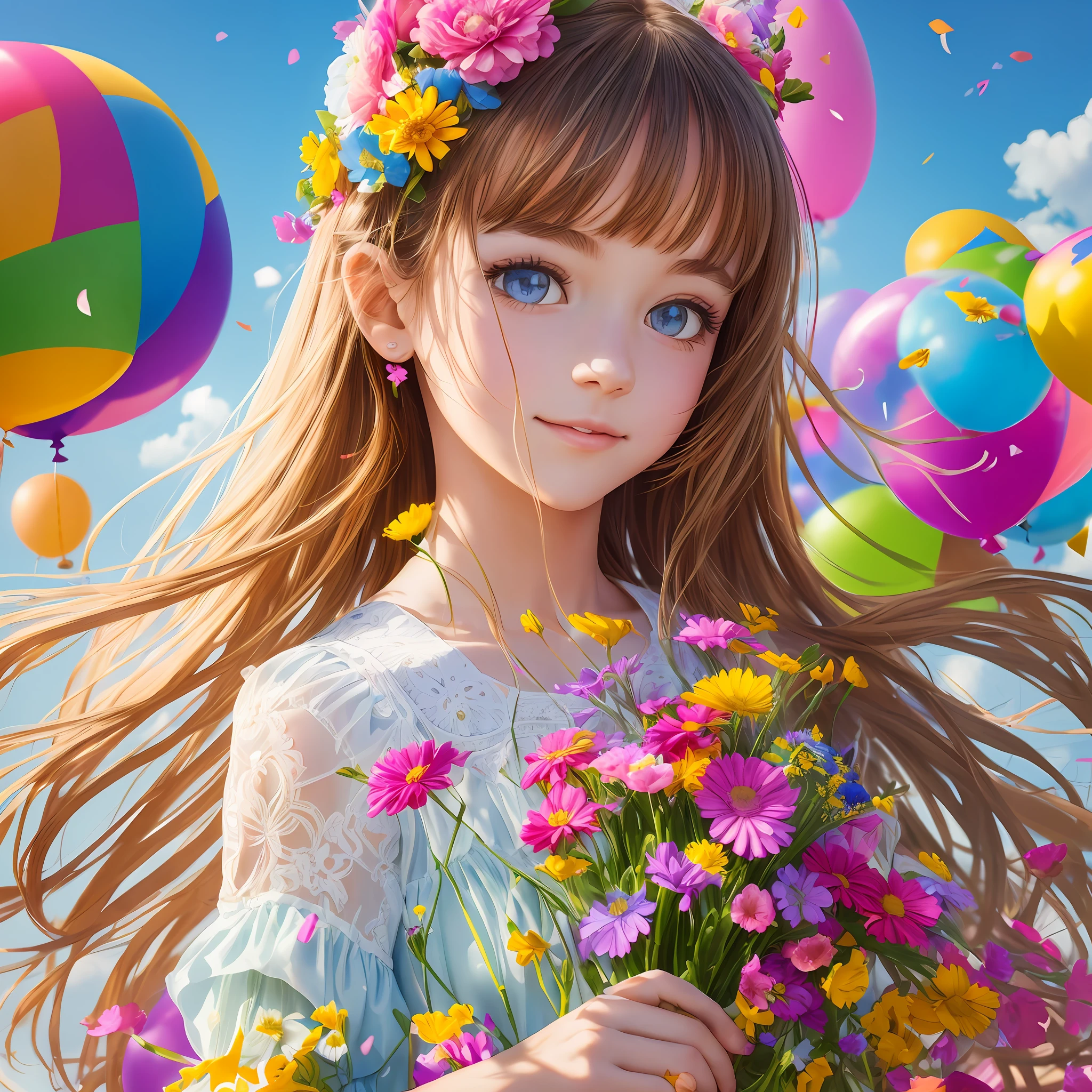A girl holding flowers, colorful balloons floating in the sky, meadow, dancing, holding flowers, happy, happy, perfect quality, clear focus (clutter-home: 0.8), (masterpiece: 1.2) (Realistic: 1.2) (Bokeh) (Best quality) (Detailed skin: 1.3) (Intricate details) (8K) (Detail Eyes) (Sharp Focus), (Happy) --auto --s2