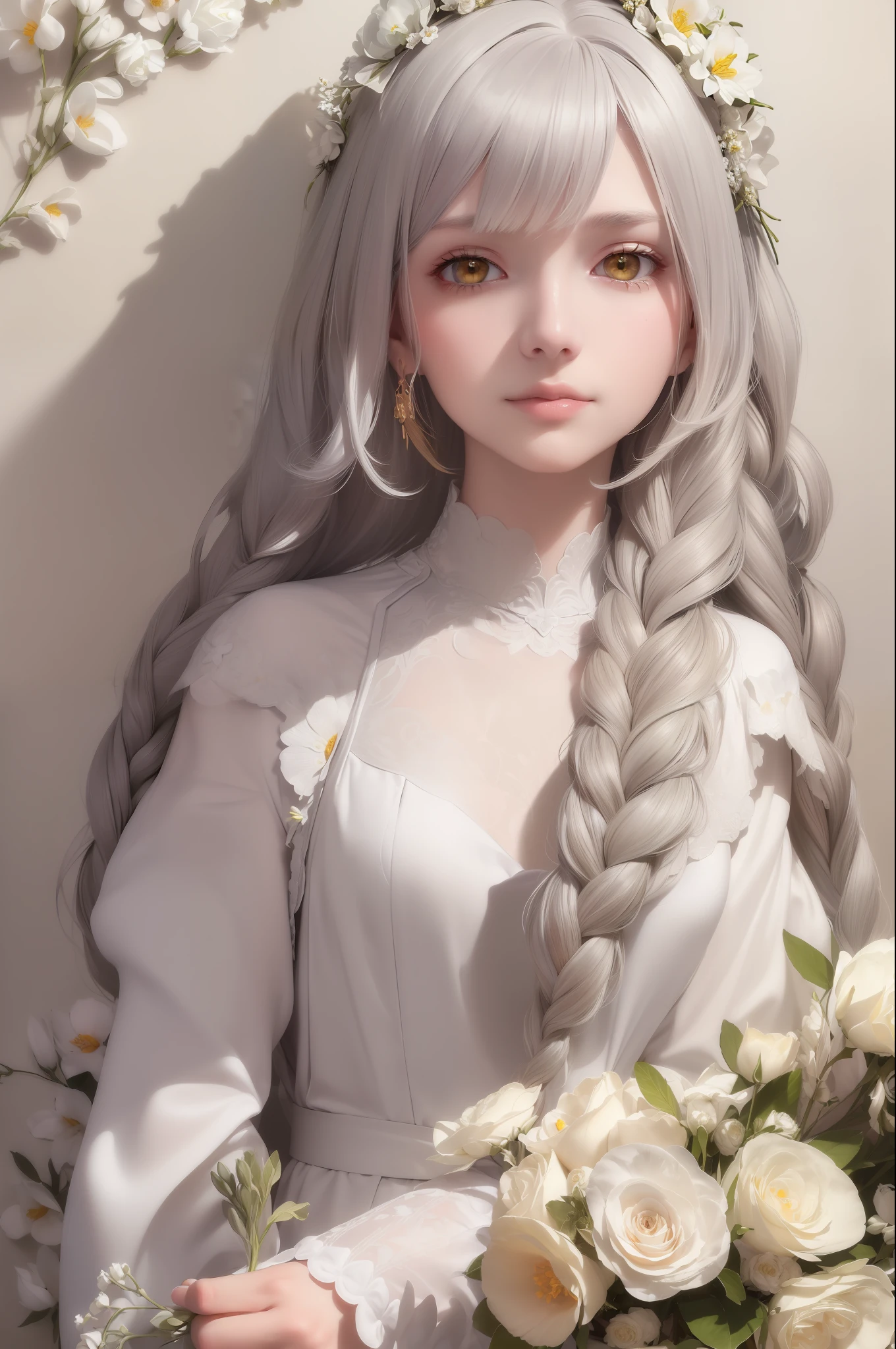 (((Superb Masterpiece))), Gray Hair, ((Golden Eyes)), ((White Clothes), ((Head Up)), Upper Body, ((Hair)), ((Fair Skin)), Side Braids, ((Full of Flowers)), Wallpaper, Ultra Detailed, Beautiful and Aesthetic, Masterpiece, Best Quality