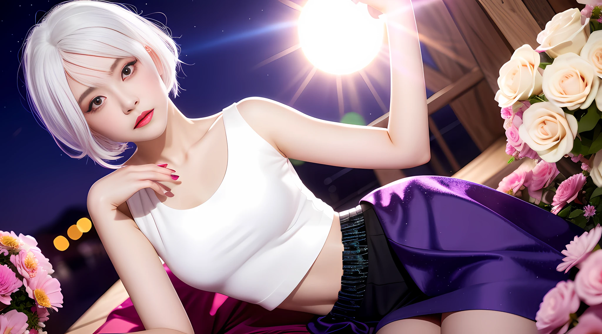 Realistic, 1girl, white hair, purple eyes, glowing eyes, cropped top, skirt, parted lips, blush, night, flowers, sun, sun, sexy, feminine, seductive, provocative, multi-angle shooting, appropriate pose