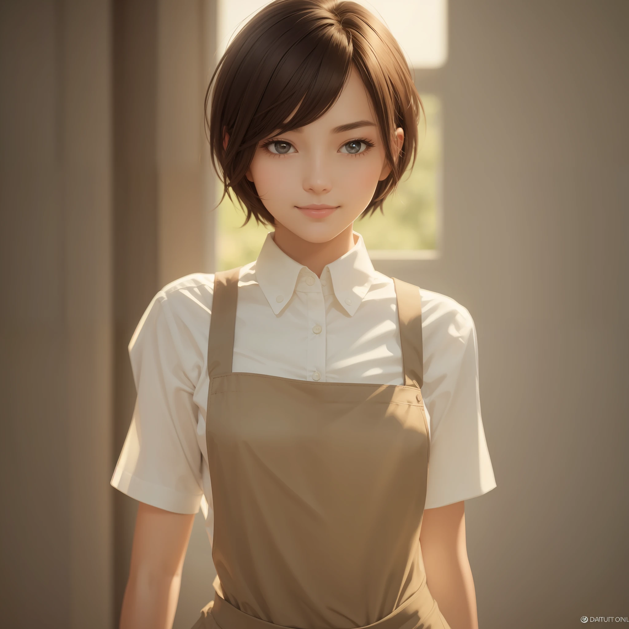 ((top quality, 32k, masterpiece: 1.3)), portrait, sharp focus, 1 girl, 18 years old, beautiful woman with perfect figure: 1.4, slender abs: 1.1, ((dark brown hair, large: 1.2)), (white shirt, beige apron: 1.3), ultra-detailed face, detailed eyes, double eyelids, gentle smile, short hair, sunlight, natural light, --auto --s2