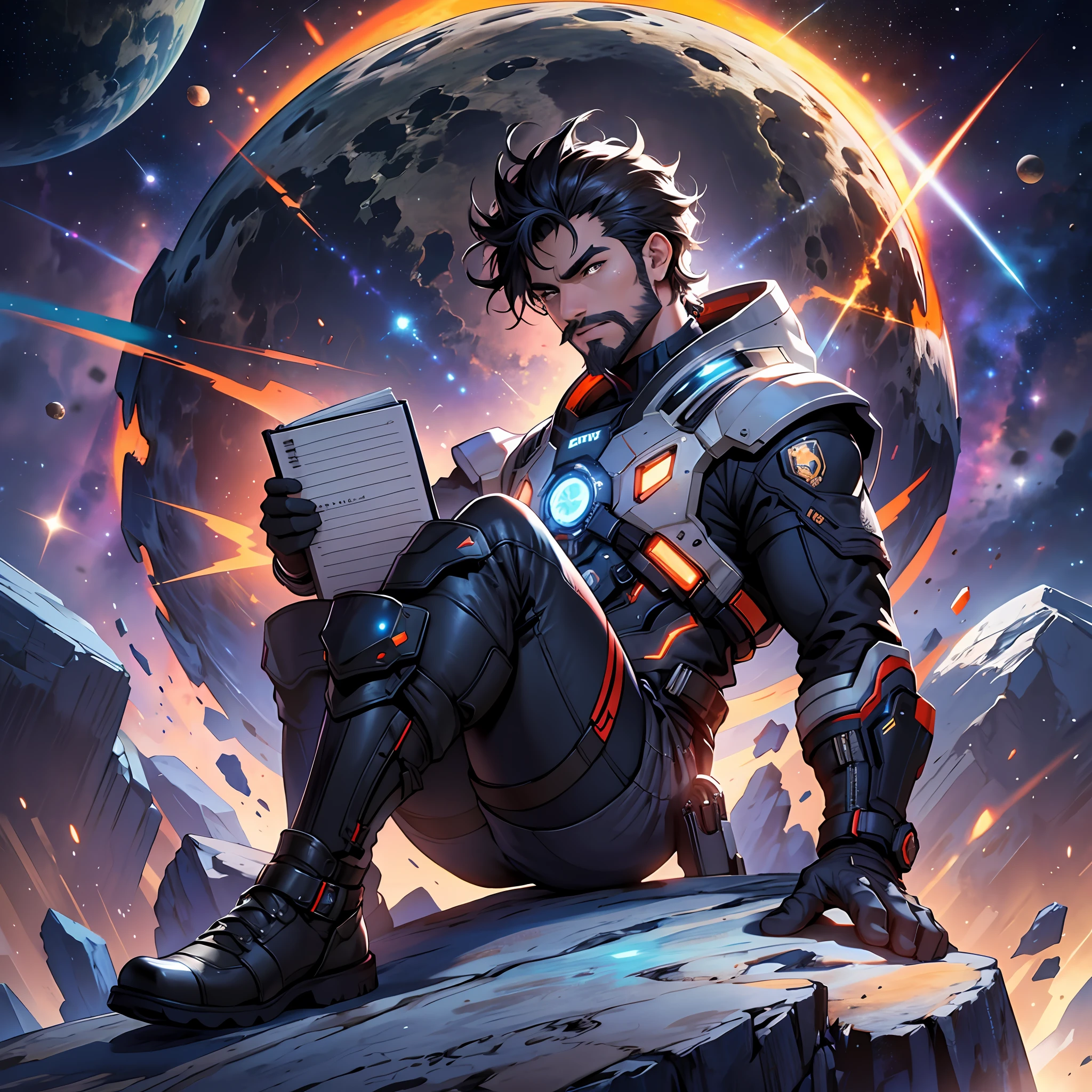 Draw a young programmer, sitting on a research platform floating in the middle of an asteroid belt. He is studying with a notebook, surrounded by several asteroids glowing with fiery auras. Dramatic lighting from distant stars and planets illuminates the scene, casting deep shadows on the suit. The young man looks confident and determined, looking at the vast and mysterious universe with wonder and respect,facial hair, cowboy shot, --auto --s2