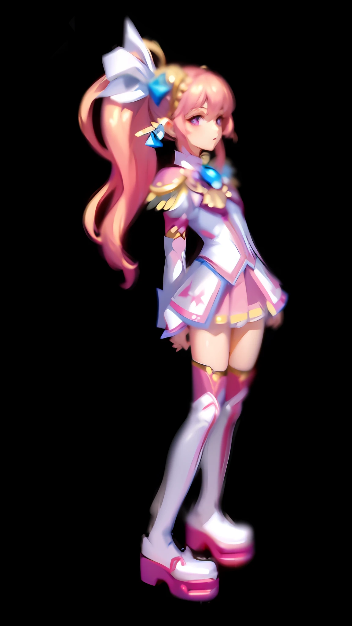 (lora:QuickHand:1.2), (Masterpiece:1.5), (Best quality: 1.5), 8k, (Perfect Hands: 1.5), 1 Girl, Perfect Hands, Pink Eyes, Watery Eyes, Delicate Eyes, Beautiful Eyes, Shut Up, Pink Hair, Single Ponytail, White Top, Pink Pleated Skirt, Pink Over-the-Knee Socks, White Long Boots, (No Background: 1.5), Slim Legs,