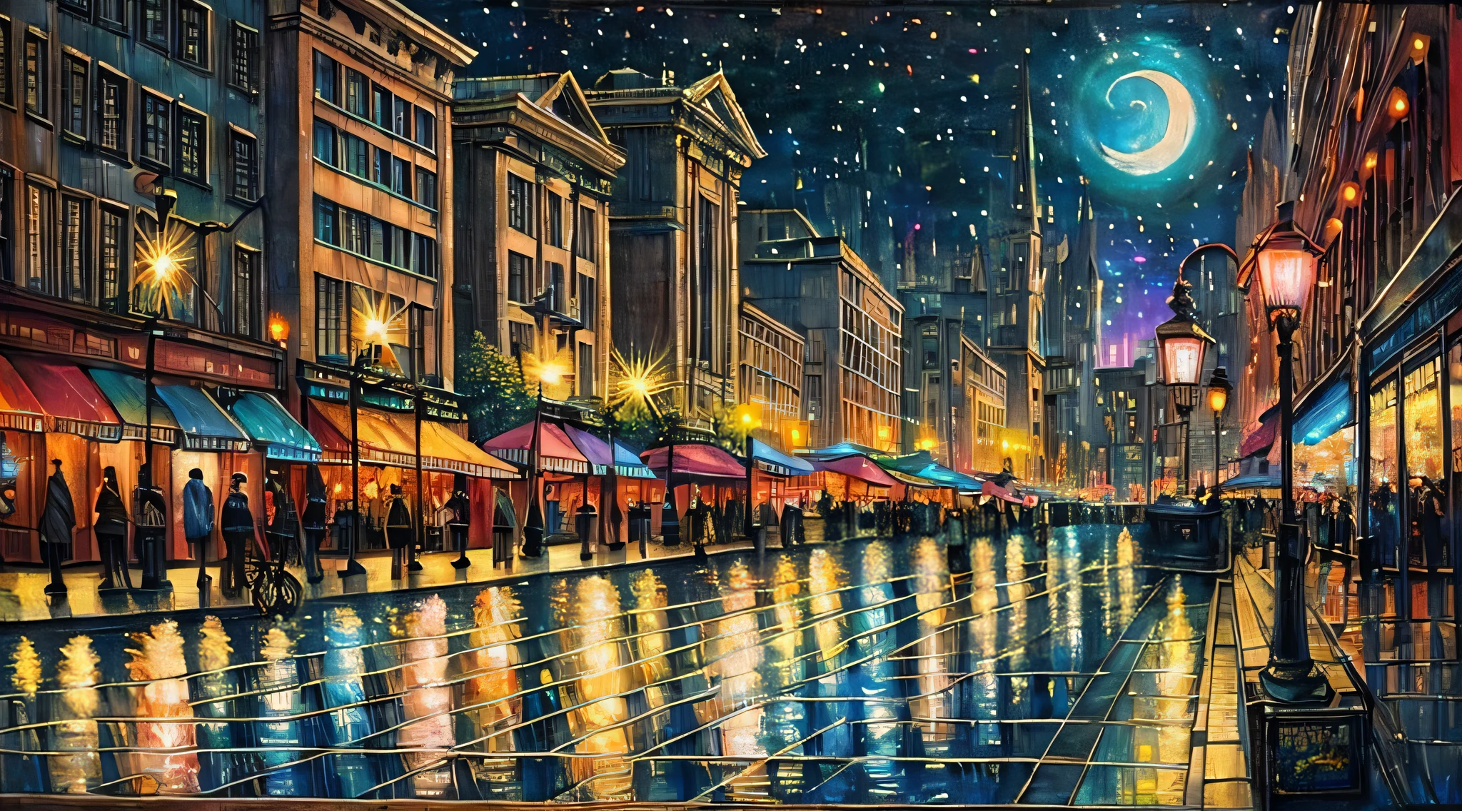 (Best quality),(masterpiece),(ultra detailed),(high detailed),(extremely detailed),a painting of a city street with lots of colorful lights, colorful city, vibrant city lights, bright city lights, city lights, midnight city lights, night cityscape, night life buildings, city night, night city, night life, city street lights, city at night, night in the city, night lights, magical city, texture city at night, crowded city, city scape